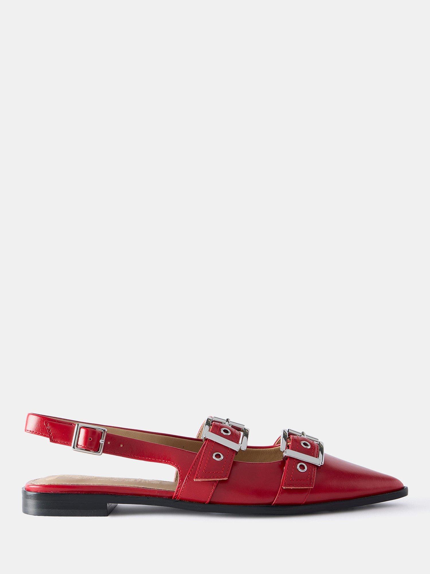 Product image 1 of 5, which shows Mint Velvet Ella Leather Buckled Flat Pumps, Red, 3