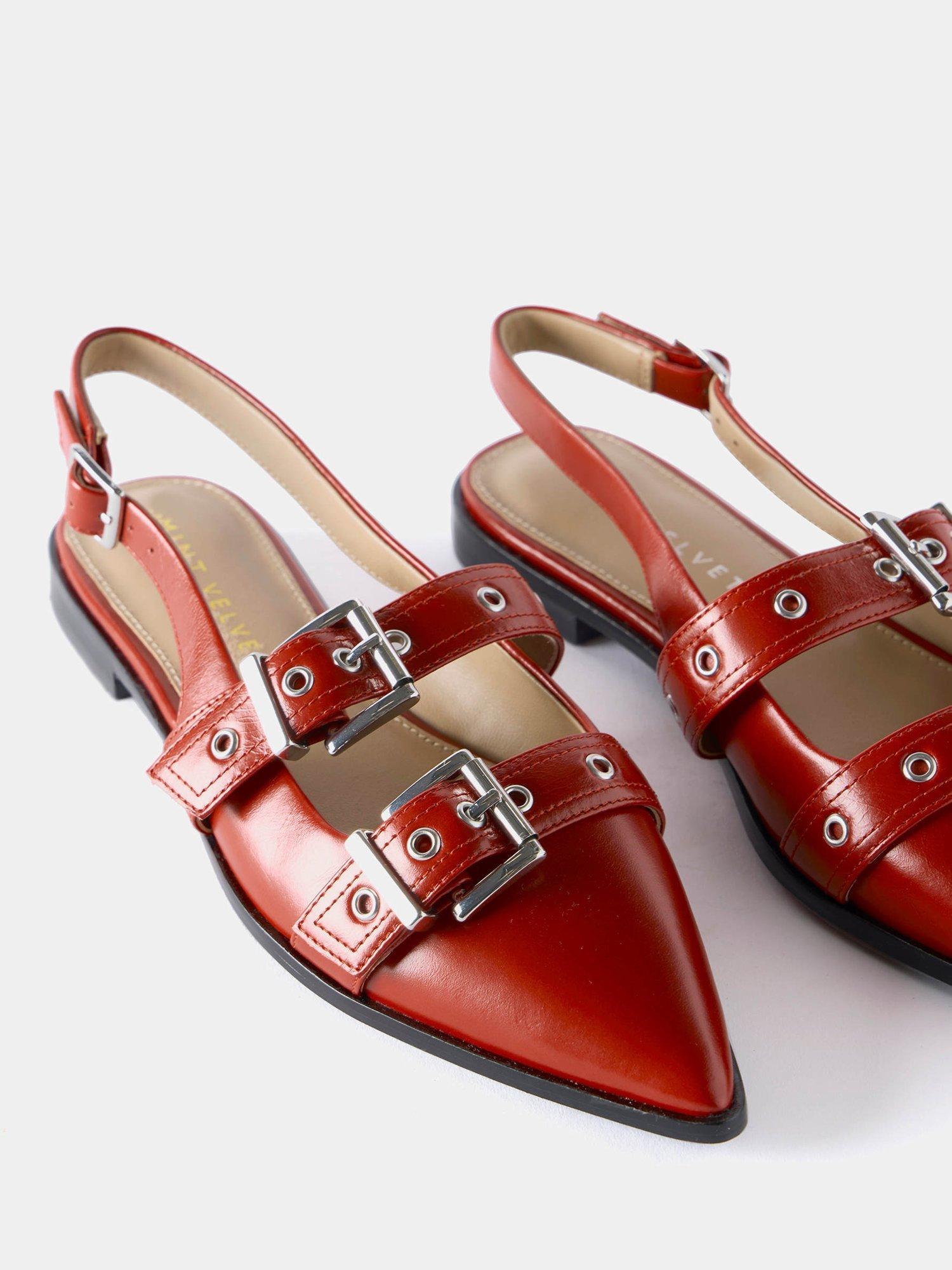 Product image 5 of 5, which shows Mint Velvet Ella Leather Buckled Flat Pumps, Red, 3