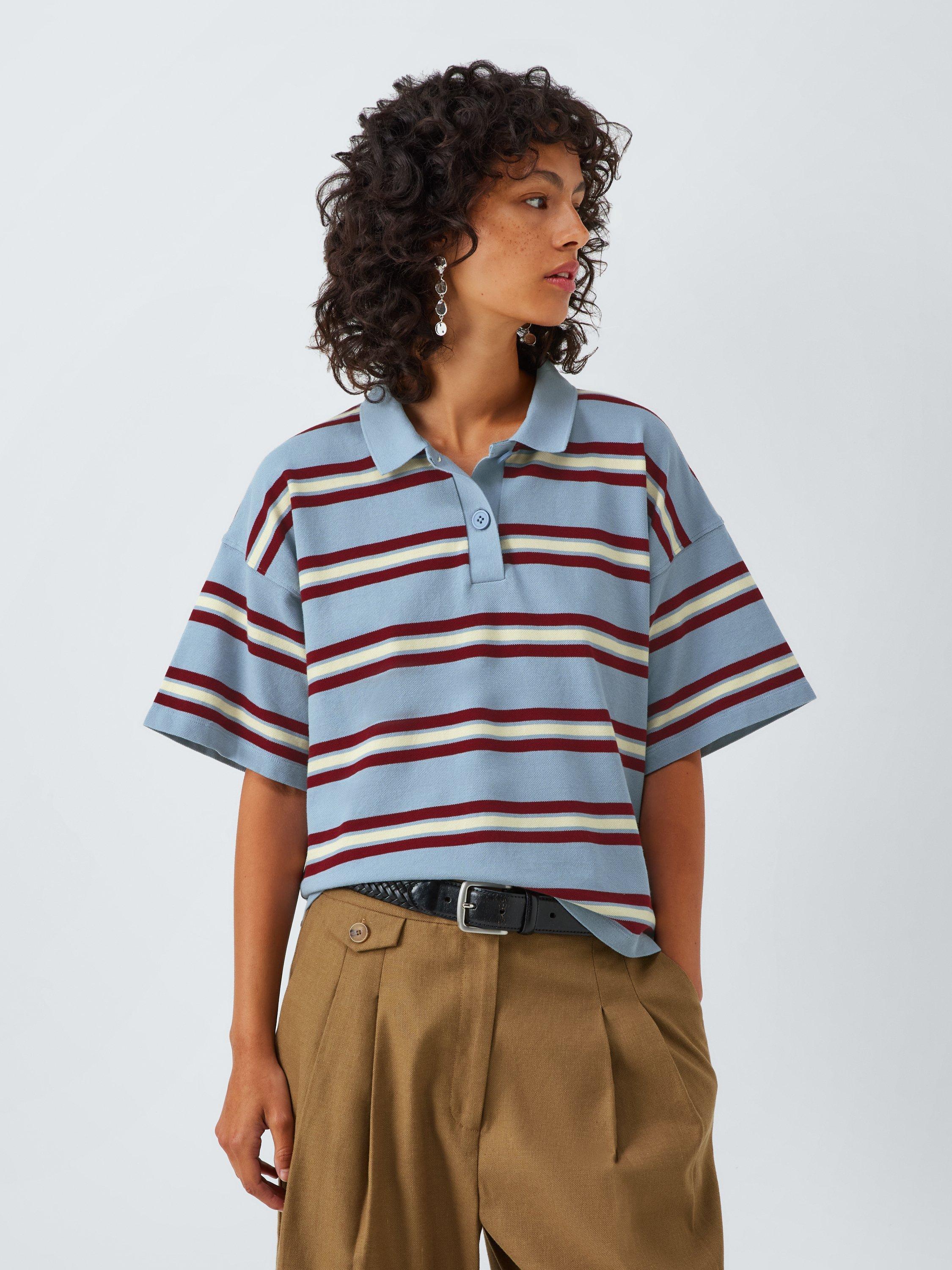 Product image 1 of 6, which shows John Lewis Cotton Pique Short Sleeved Striped Polo Shirt, Light Blue, 6