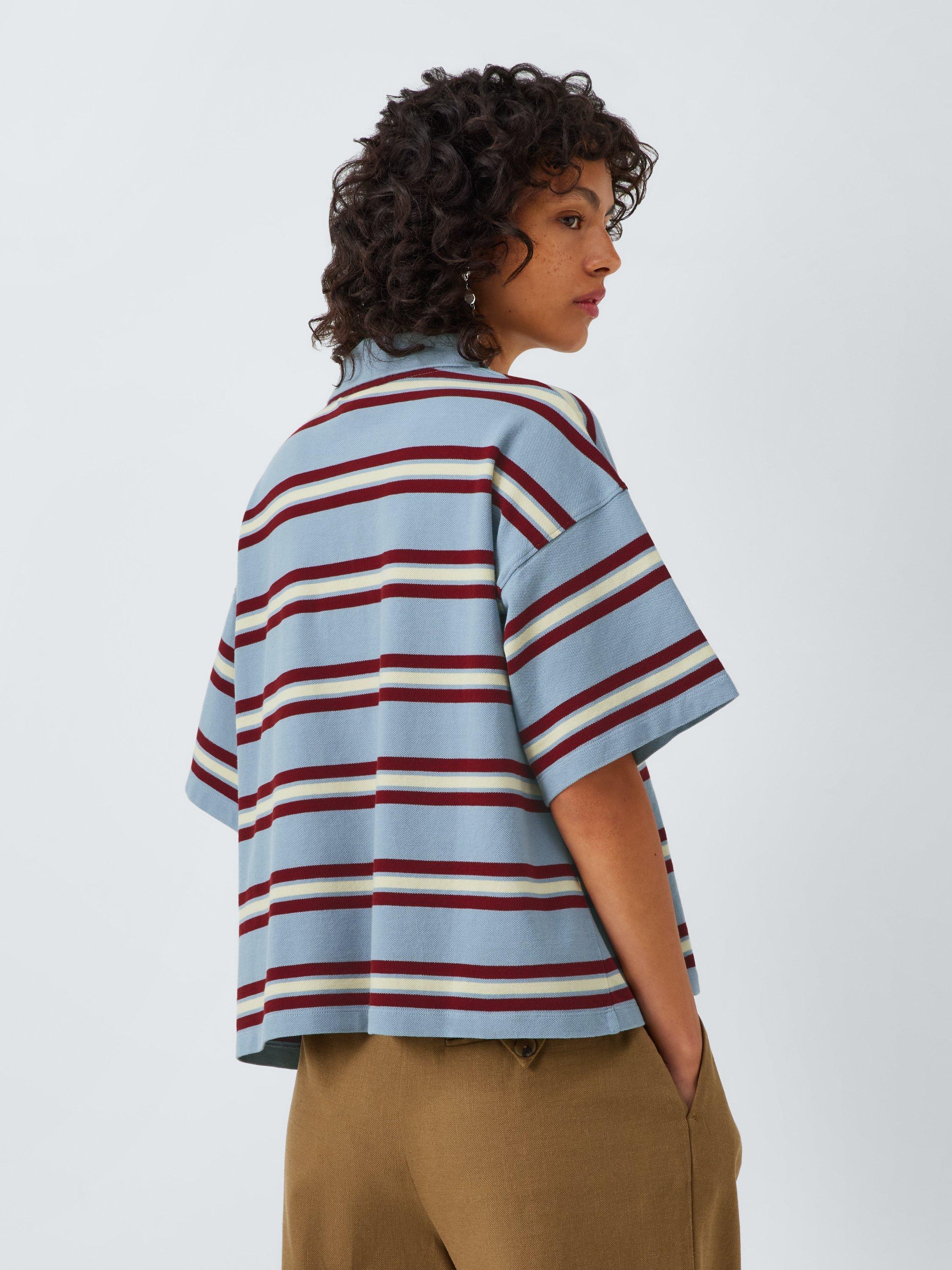 Product image 2 of 6, which shows John Lewis Cotton Pique Short Sleeved Striped Polo Shirt, Light Blue, 6