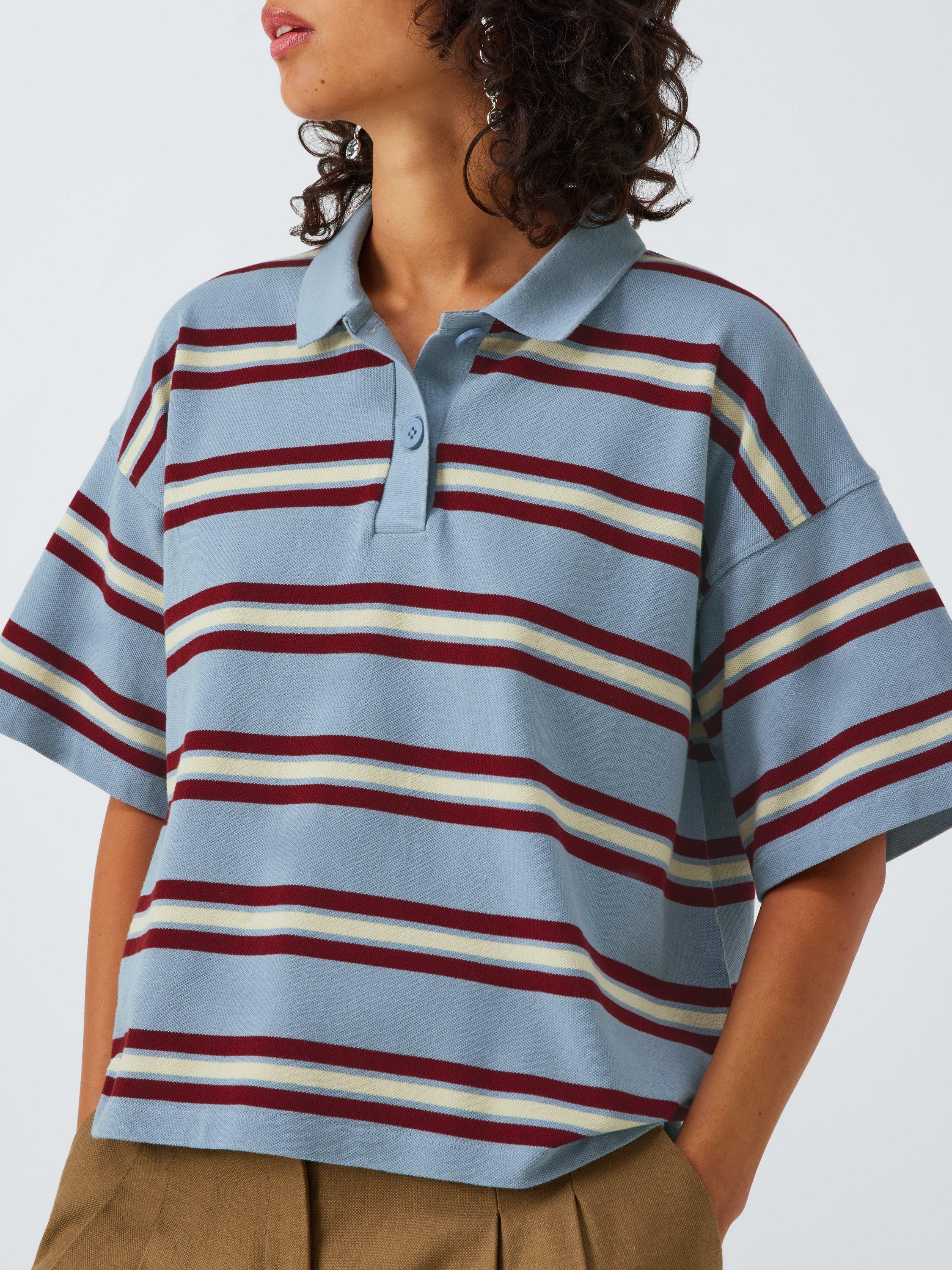 Product image 6 of 6, which shows John Lewis Cotton Pique Short Sleeved Striped Polo Shirt, Light Blue, 6