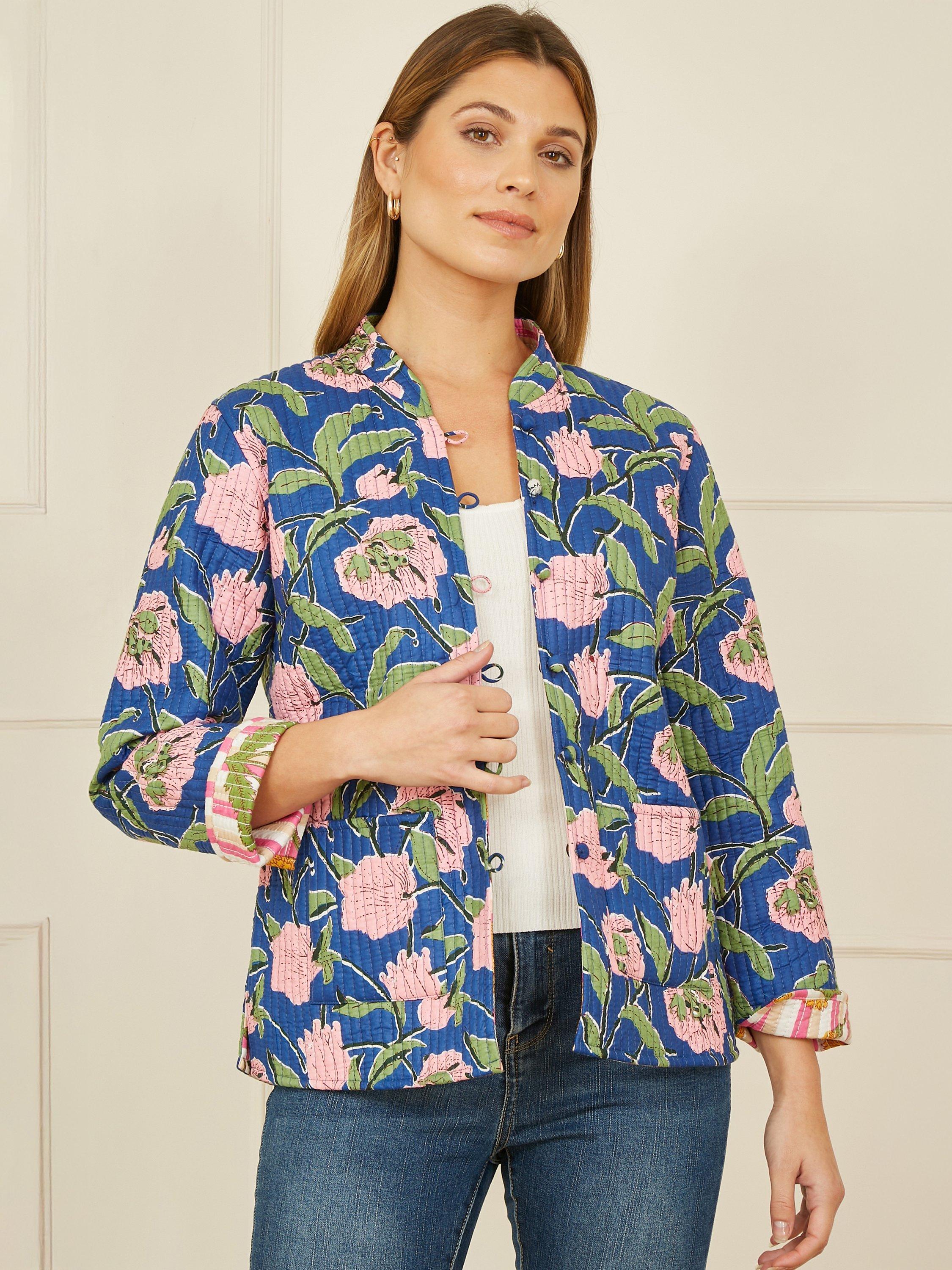 Product image 1 of 4, which shows Yumi Floral Quilted Reversible Jacket, Blue/Multi, 8