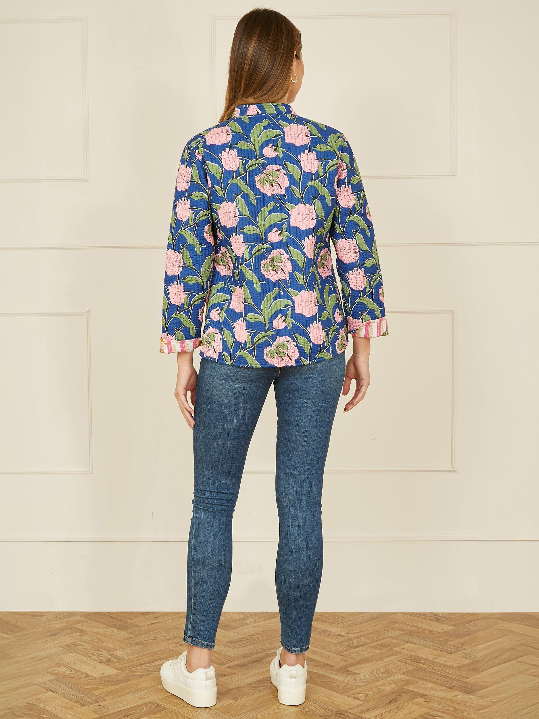 Product image 3 of 4, which shows Yumi Floral Quilted Reversible Jacket, Blue/Multi, 8