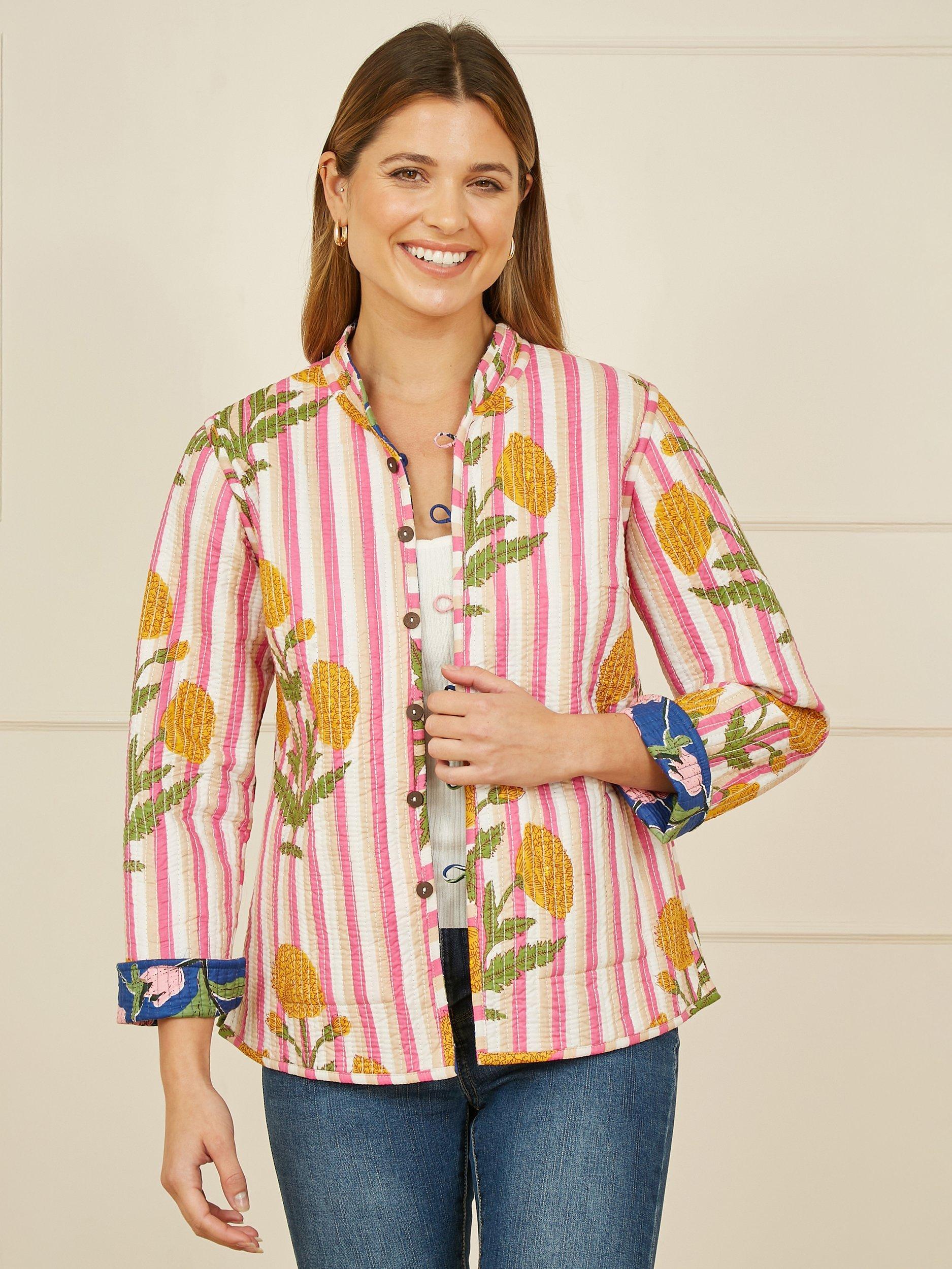 Product image 4 of 4, which shows Yumi Floral Quilted Reversible Jacket, Blue/Multi, 8