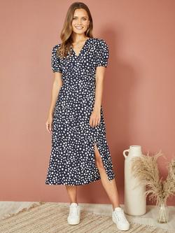 Yumi Spot Tea Midi Dress, Navy/White, Navy/White