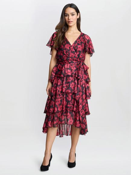 Gina Bacconi Lottie Floral Faux Wrap Dress, Black/Red, Black/Red