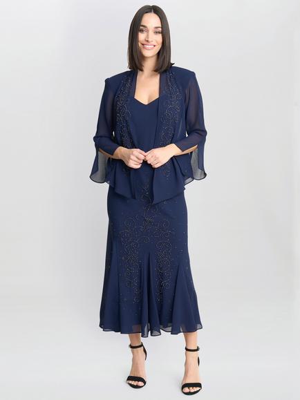 Gina Bacconi Beaded Dress and Jacket Set, Navy, Navy