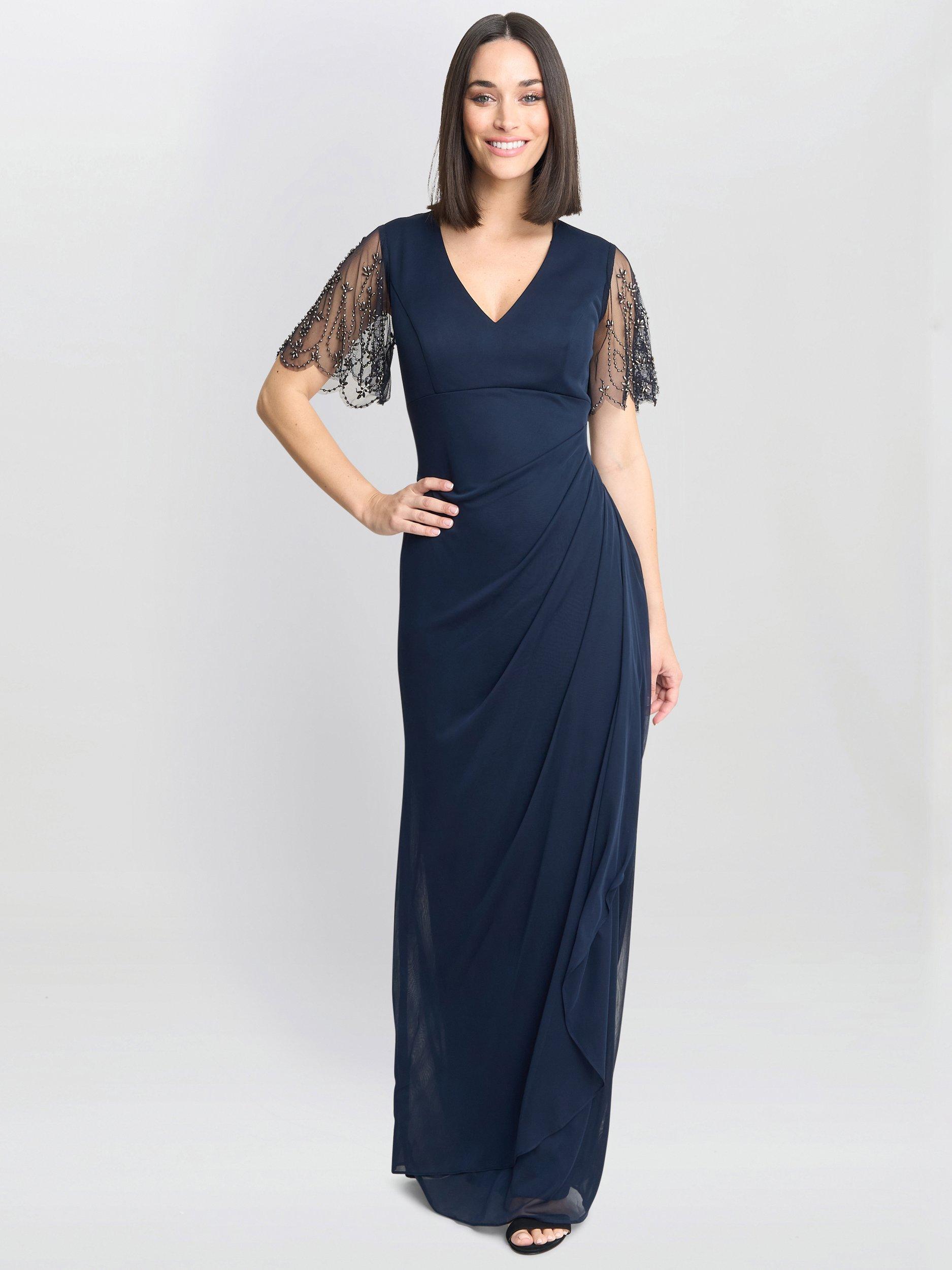Product image 1 of 4, which shows Gina Bacconi Beaded Scallop Sleeve Dress, Navy, 10
