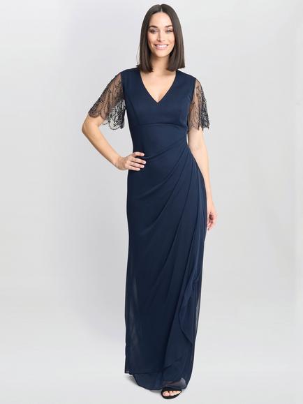 Gina Bacconi Beaded Scallop Sleeve Dress, Navy, Navy