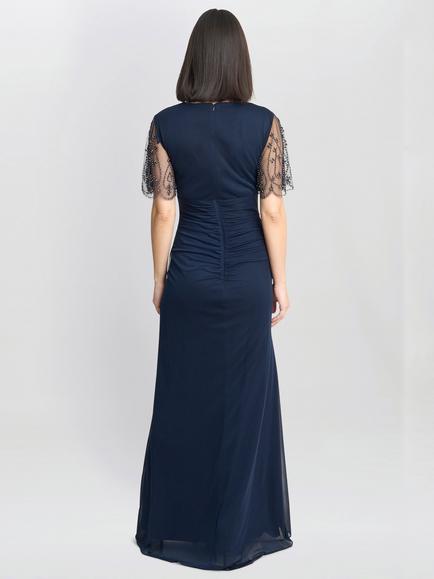 Gina Bacconi Beaded Scallop Sleeve Dress, Navy - view 2, Navy