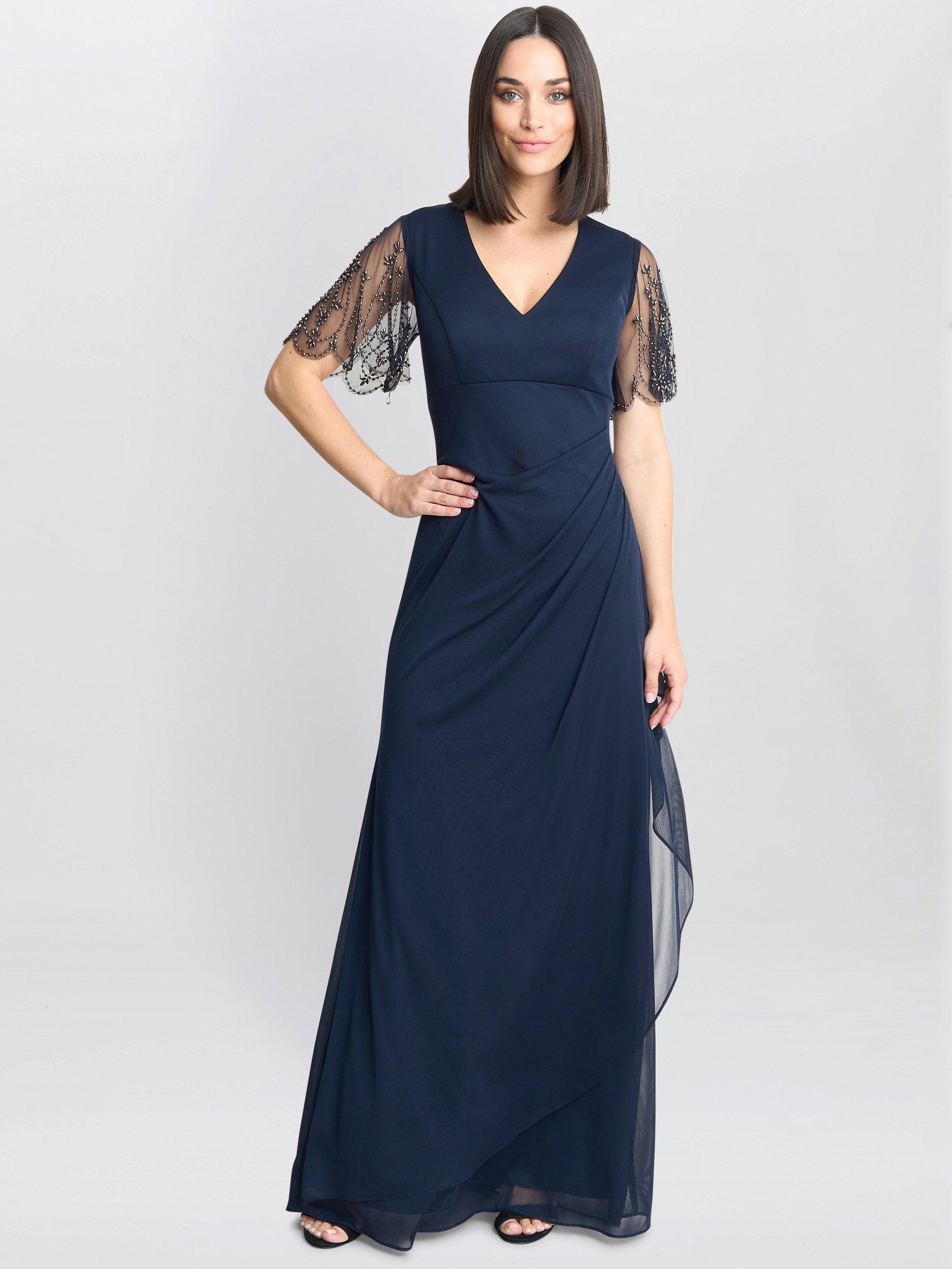 Product image 3 of 4, which shows Gina Bacconi Beaded Scallop Sleeve Dress, Navy, 10