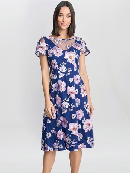 Gina Bacconi Floral A-Line Dress, Navy/Pink, Navy/Pink