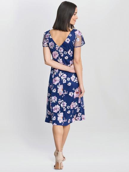 Gina Bacconi Floral A-Line Dress, Navy/Pink - view 2, Navy/Pink