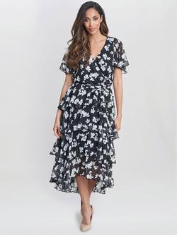 Gina Bacconi Floral Wrap Effect Tiered Dress, Black/White, Black/White