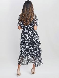 Gina Bacconi Floral Wrap Effect Tiered Dress, Black/White - view 2, Black/White
