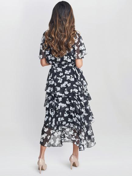 Gina Bacconi Floral Wrap Effect Tiered Dress, Black/White - view 2, Black/White