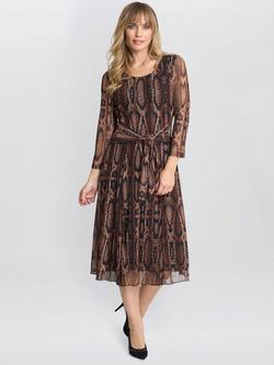 Gina Bacconi Animal Print Mesh Tie Waist Dress, Brown, Brown