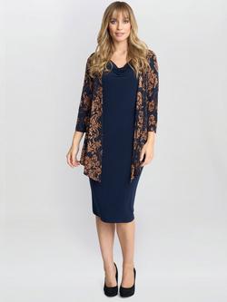 Gina Bacconi Cowl Neck Dress with Attached Jacket, Navy/Brown, Navy/Brown