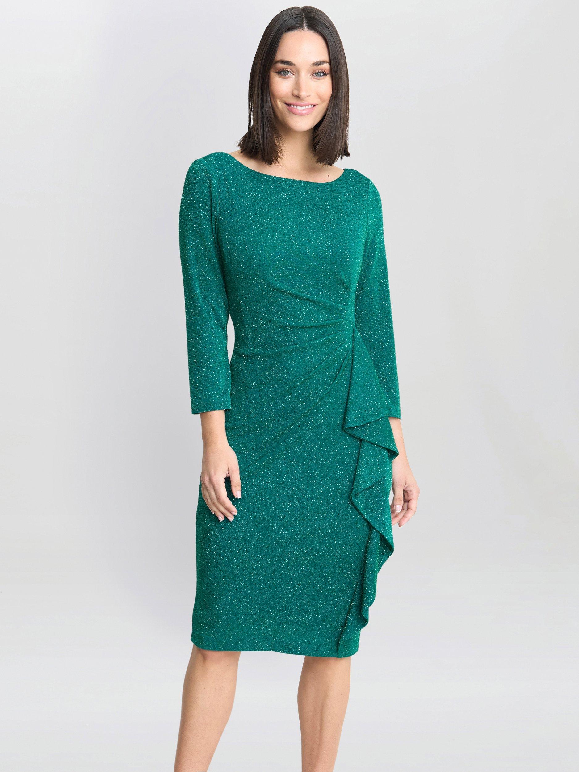 Product image 1 of 5, which shows Gina Bacconi Glitter Puff Faux Wrap Dress, Green, 18