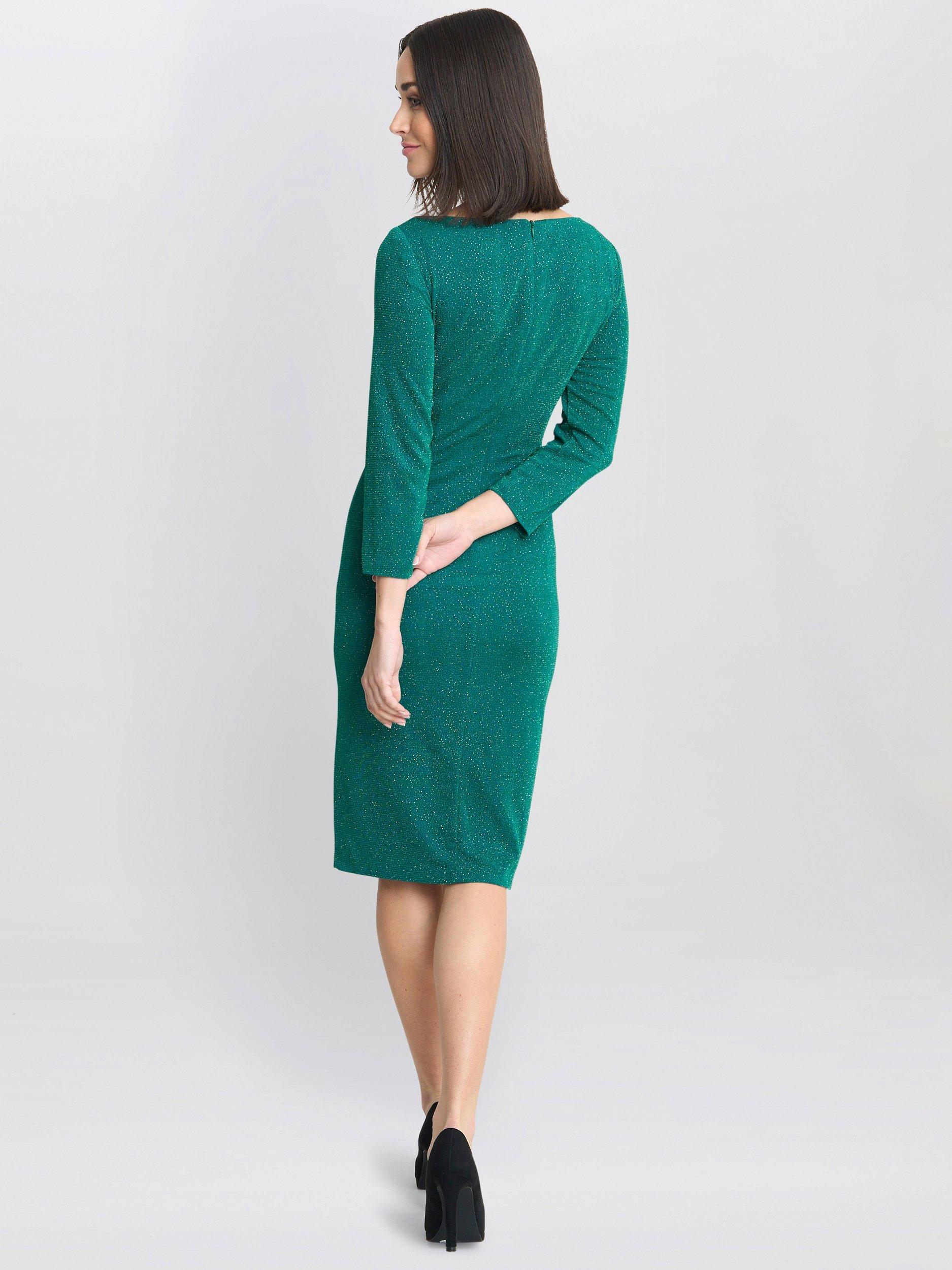 Product image 2 of 5, which shows Gina Bacconi Glitter Puff Faux Wrap Dress, Green, 18