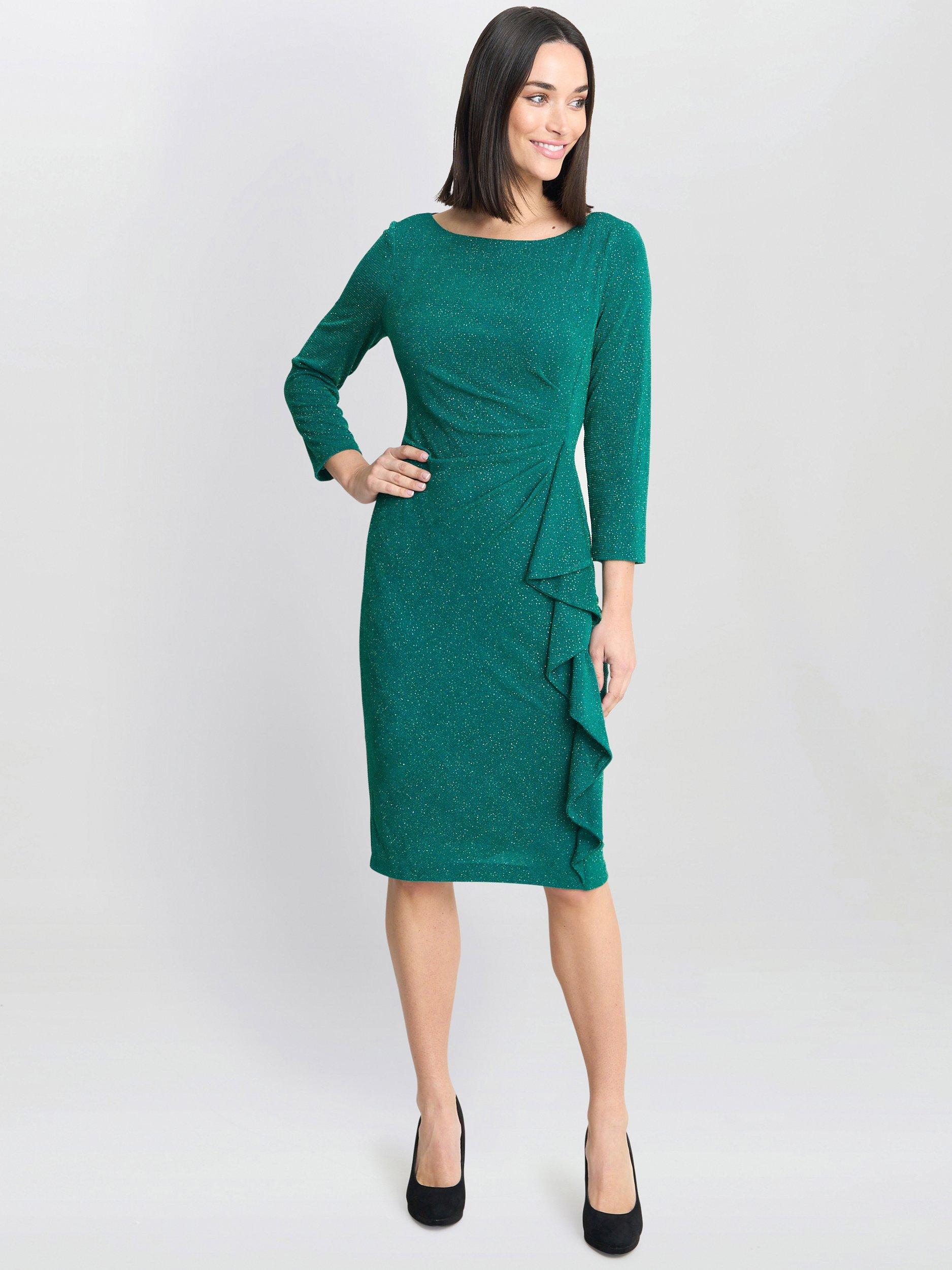 Product image 3 of 5, which shows Gina Bacconi Glitter Puff Faux Wrap Dress, Green, 18