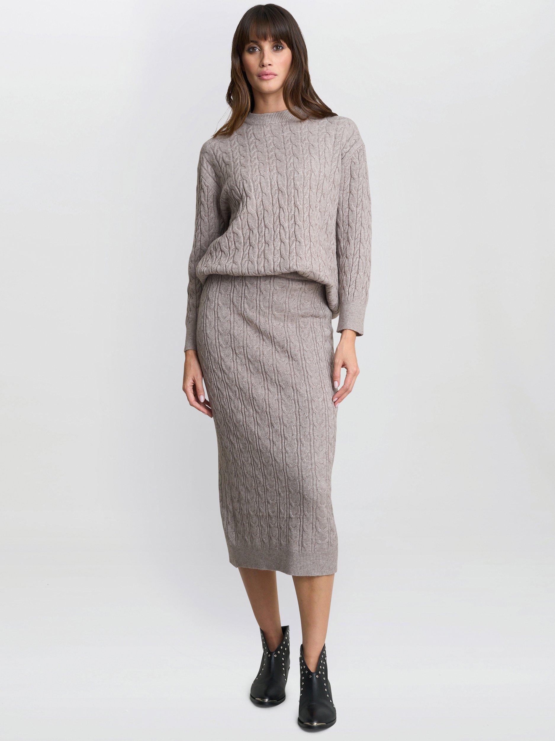 Product image 1 of 4, which shows Gina Bacconi Mariele Cable Knit Jumper & Skirt Set, Beige, One Size