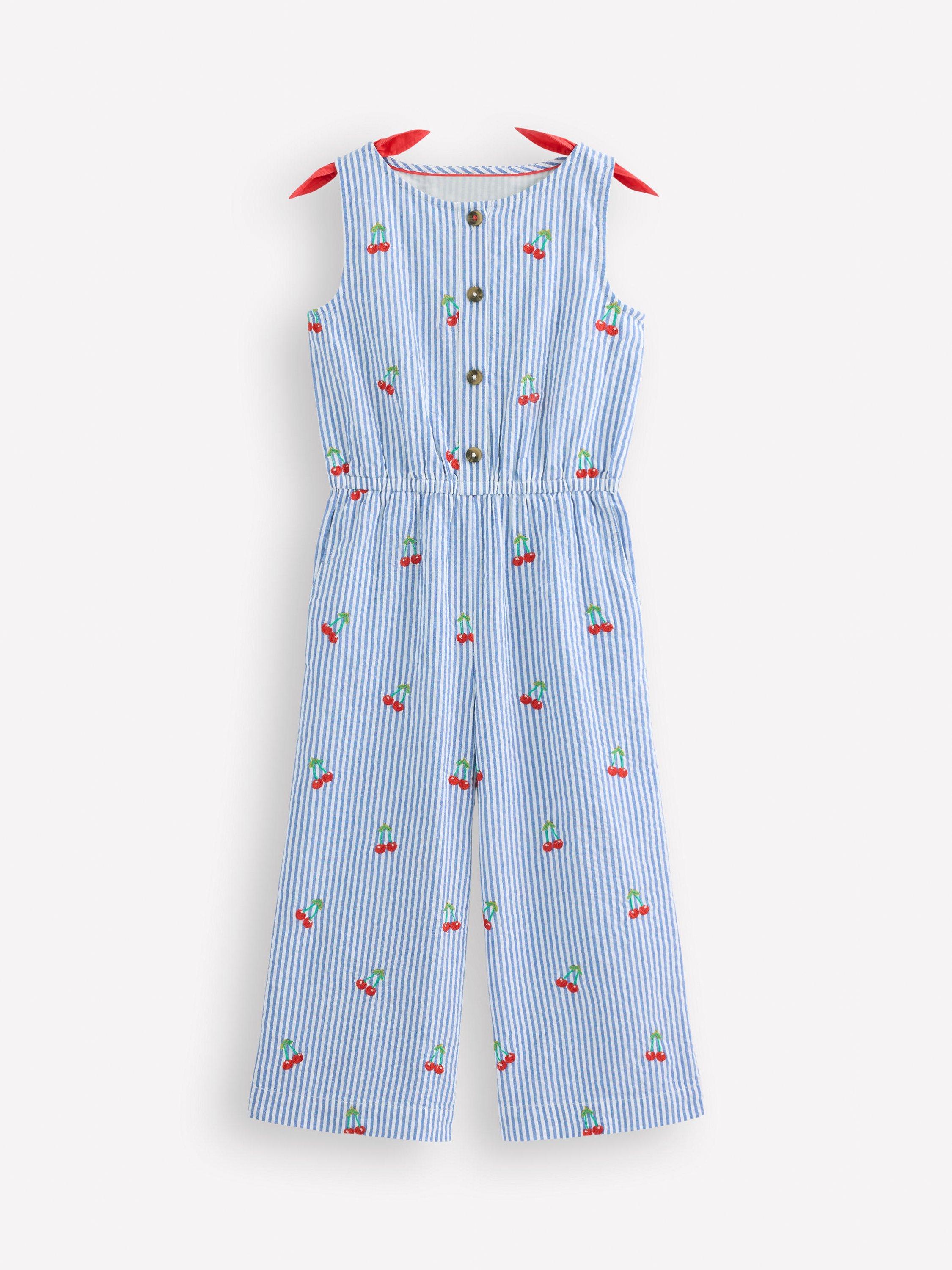 Product image 1 of 3, which shows Mini Boden Kids' Cotton Wide Leg Jumpsuit, Blue/Multi, 2-3 years
