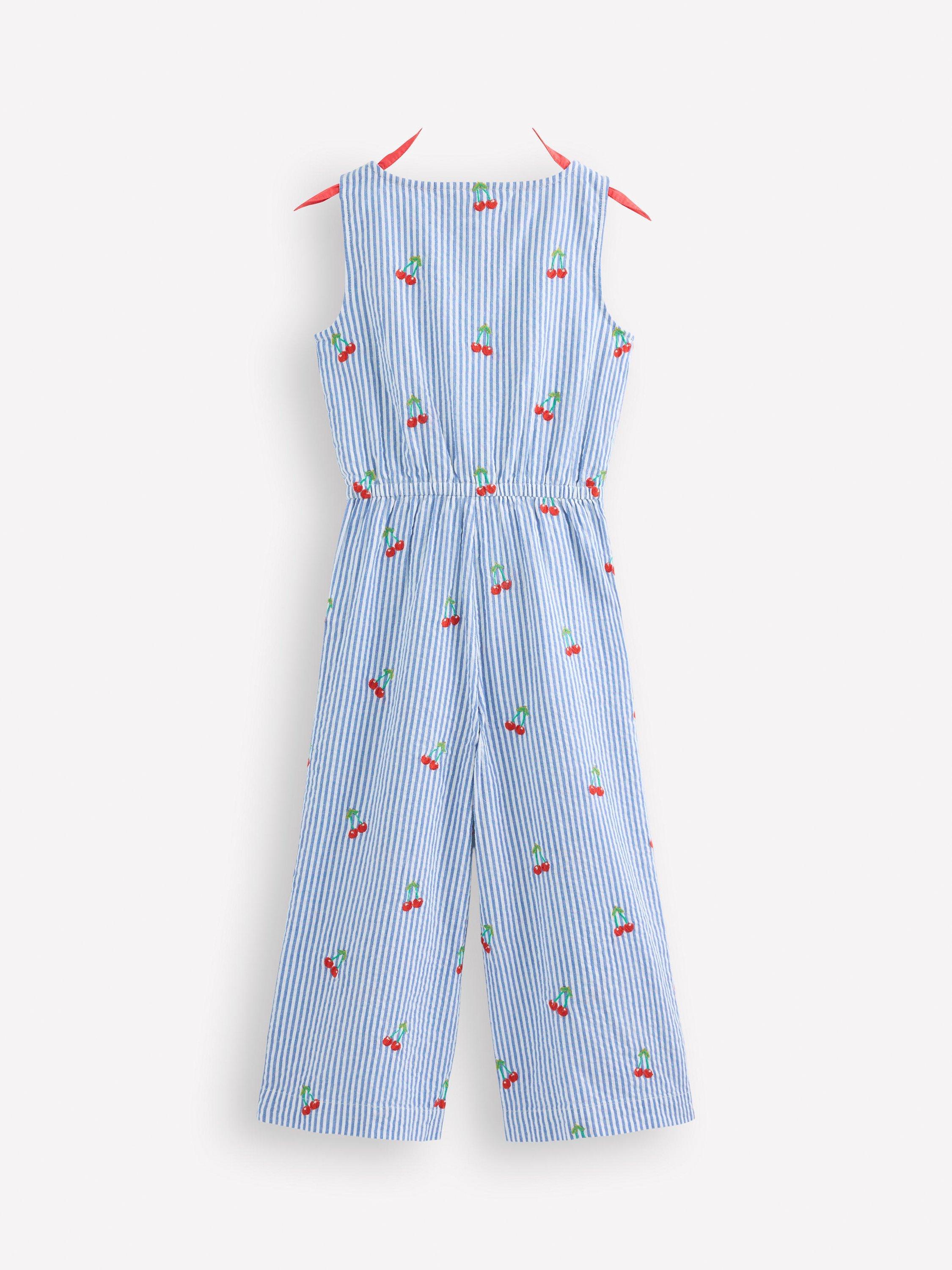 Product image 2 of 3, which shows Mini Boden Kids' Cotton Wide Leg Jumpsuit, Blue/Multi, 2-3 years