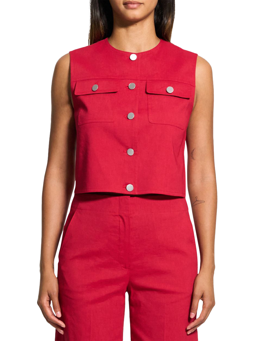 Product image 2 of 4, which shows Theory Boxy Pocket Wool Rich Waistcoat, Bright Red, 14