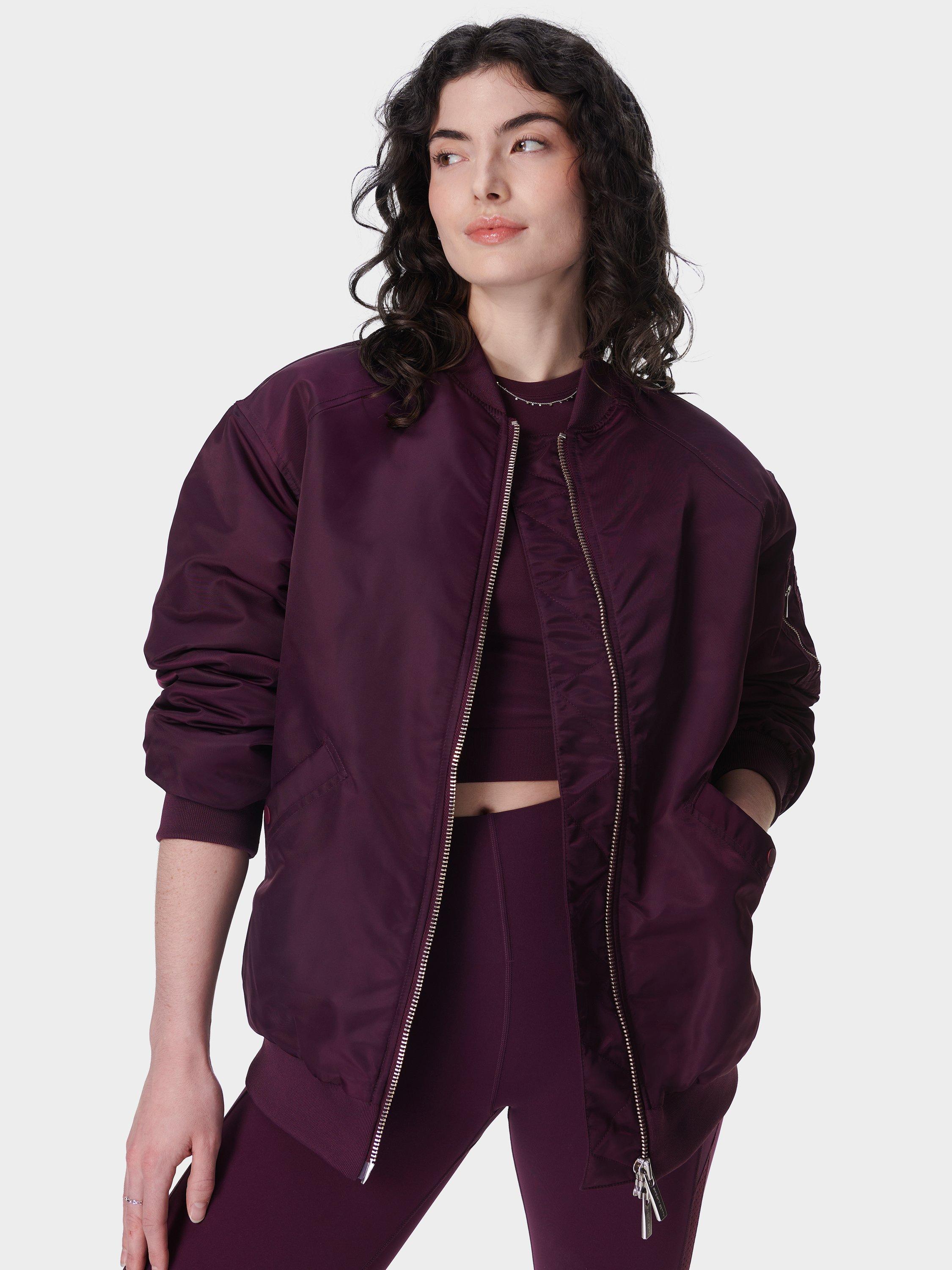 Product image 1 of 7, which shows Sweaty Betty Cityscape Longline Bomber Jackets, Midnight Cherry, XXS