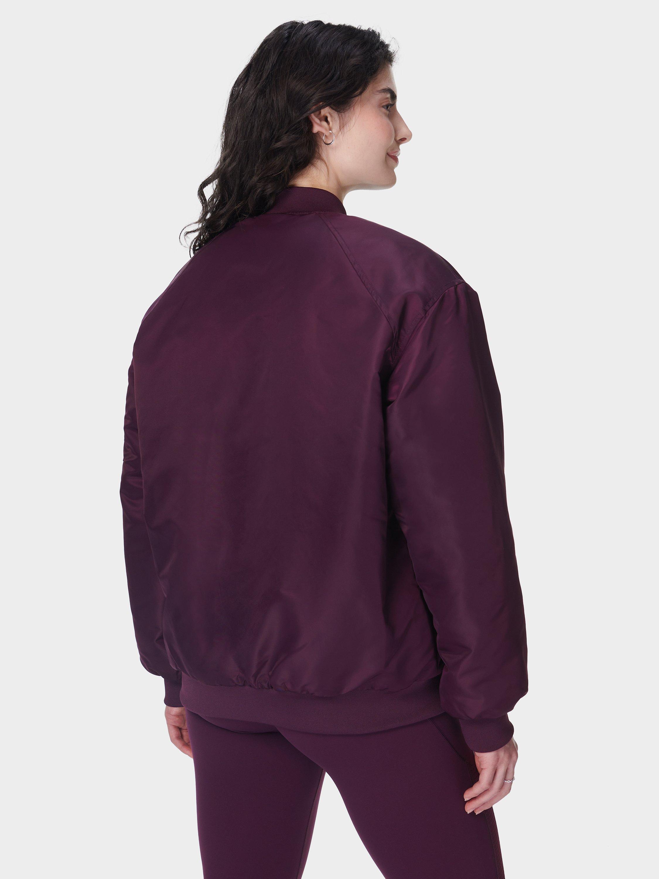 Product image 2 of 7, which shows Sweaty Betty Cityscape Longline Bomber Jackets, Midnight Cherry, XXS