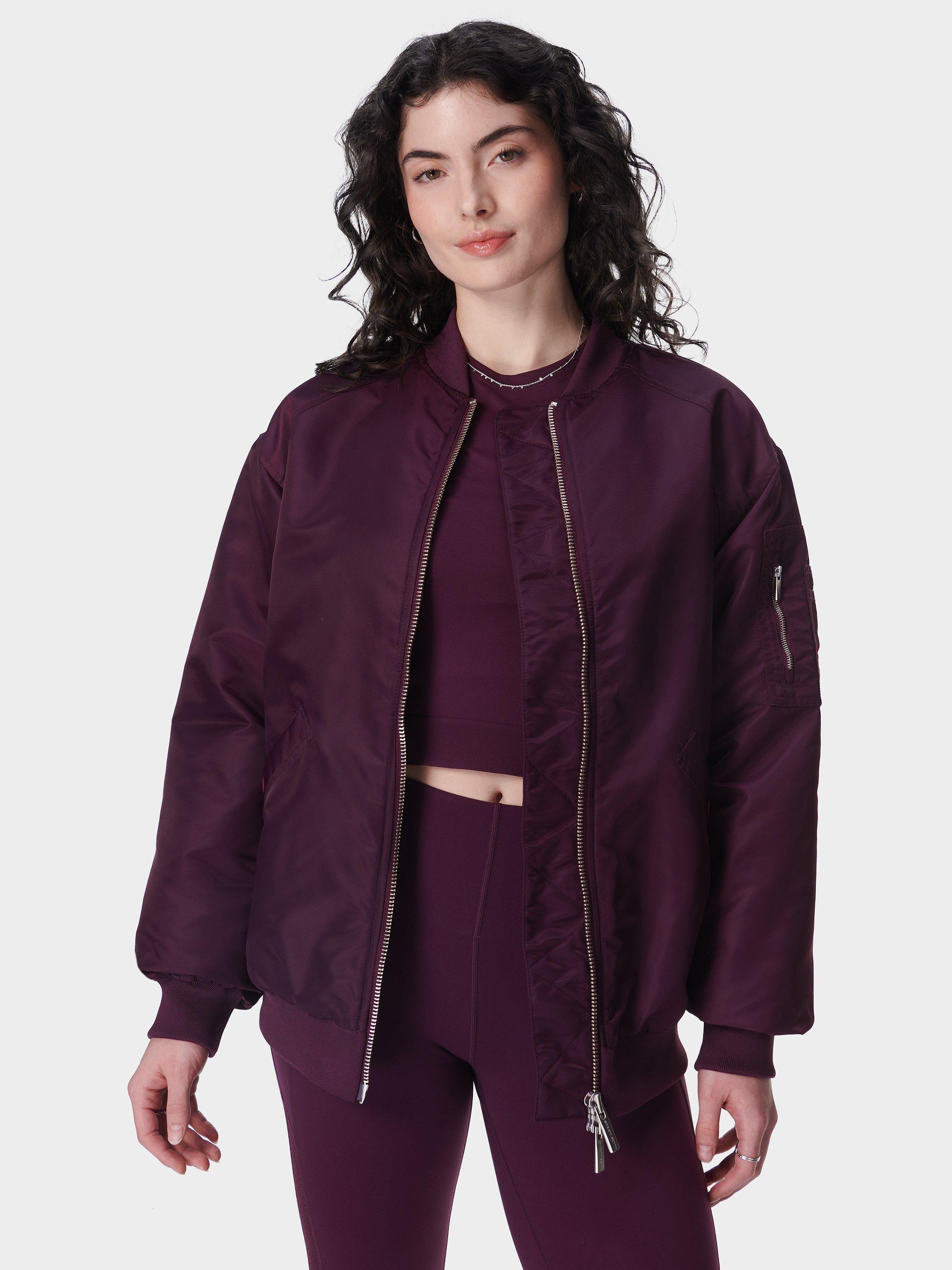 Product image 3 of 7, which shows Sweaty Betty Cityscape Longline Bomber Jackets, Midnight Cherry, XXS