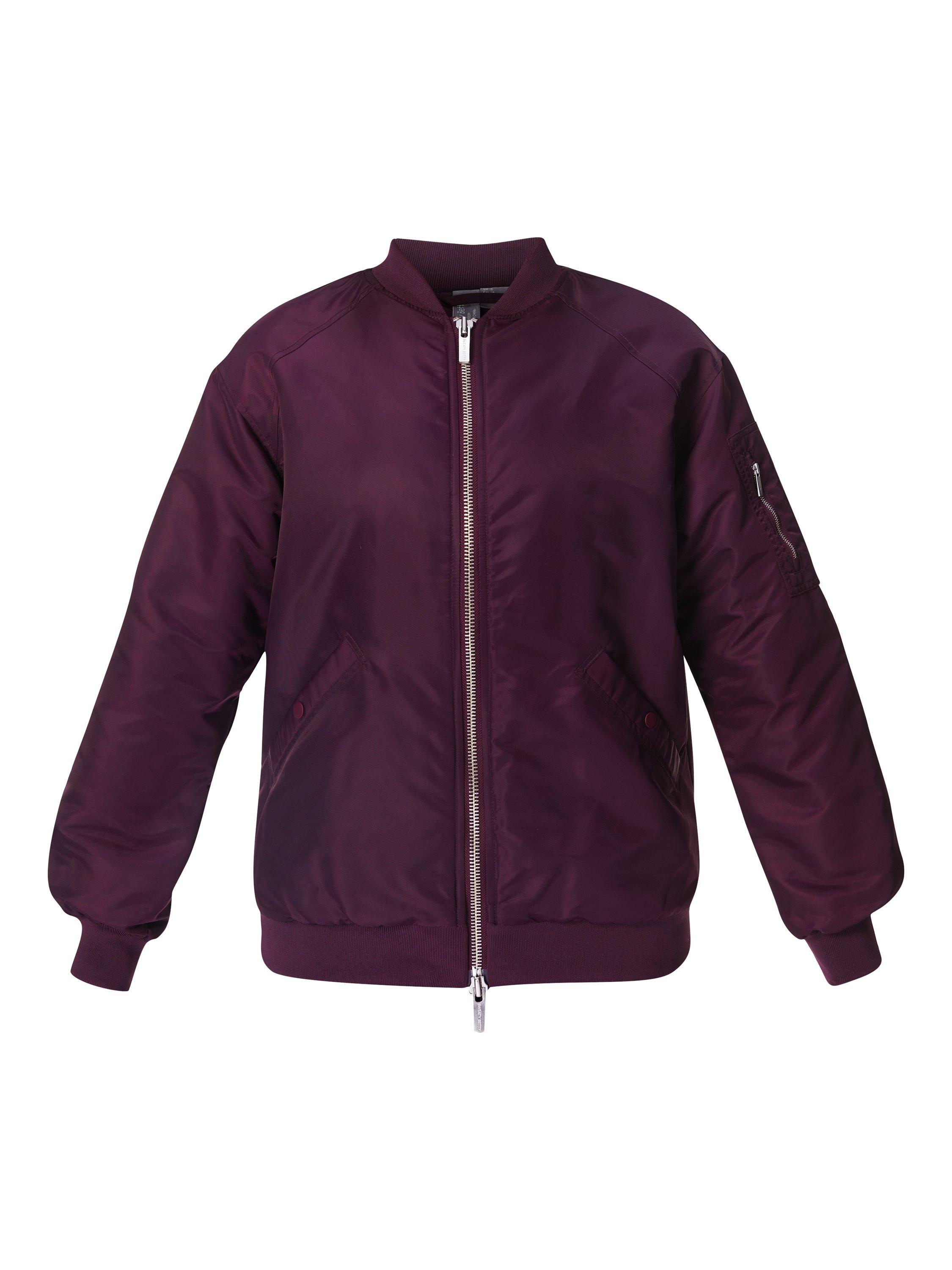 Product image 4 of 7, which shows Sweaty Betty Cityscape Longline Bomber Jackets, Midnight Cherry, XXS