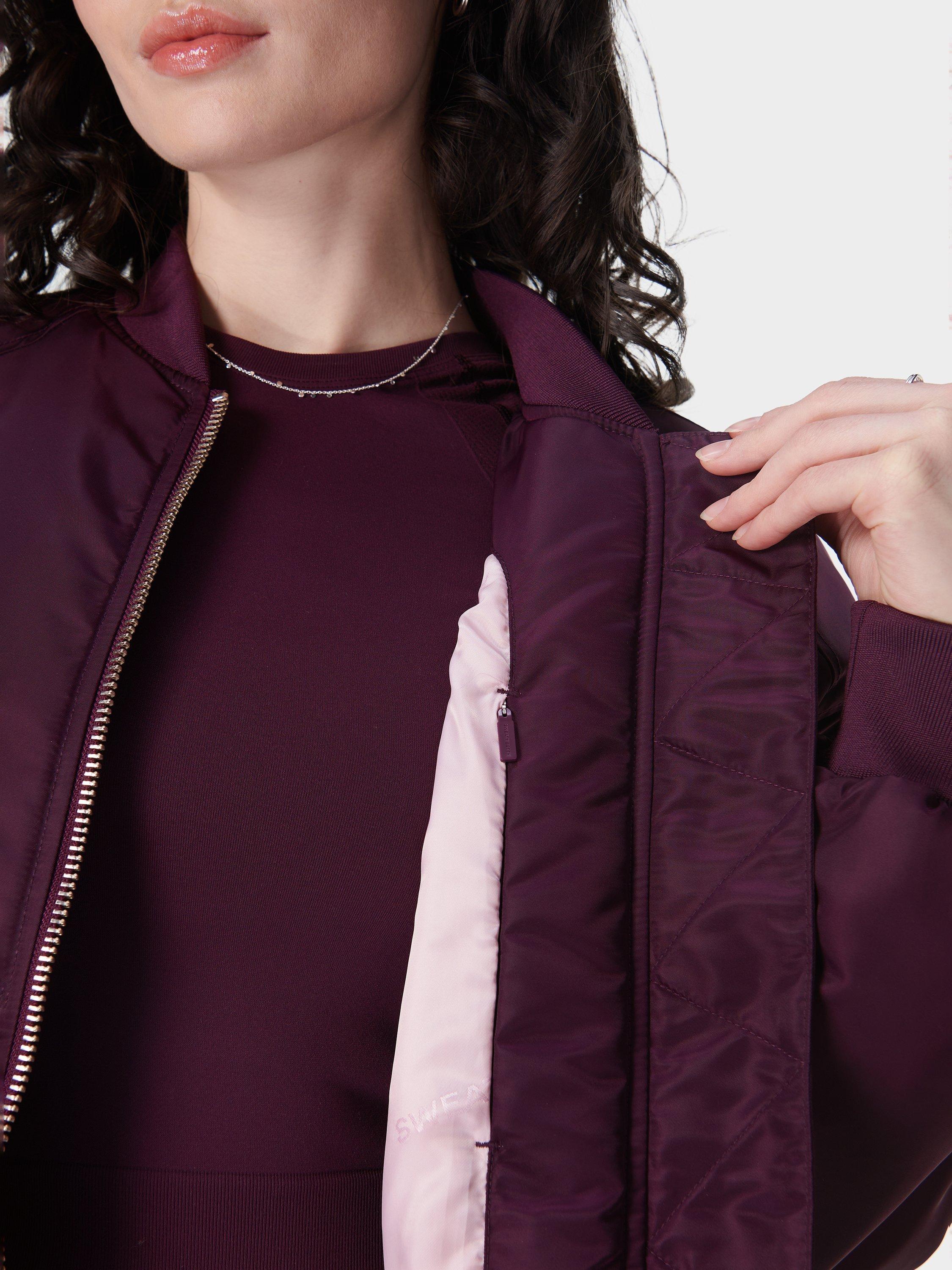 Product image 6 of 7, which shows Sweaty Betty Cityscape Longline Bomber Jackets, Midnight Cherry, XXS