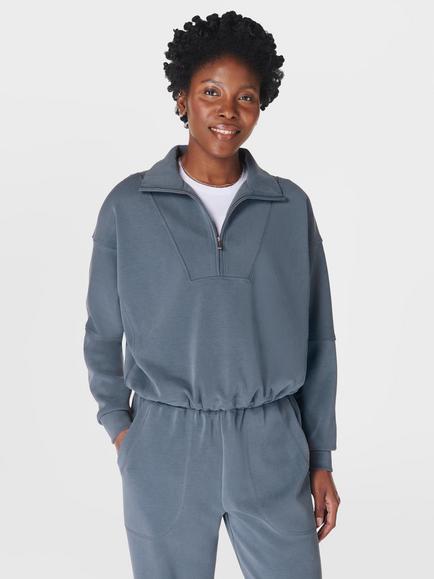 Sweaty Betty Sand Wash Funnel Neck Half Zip Sweatshirt, Subdued Blue