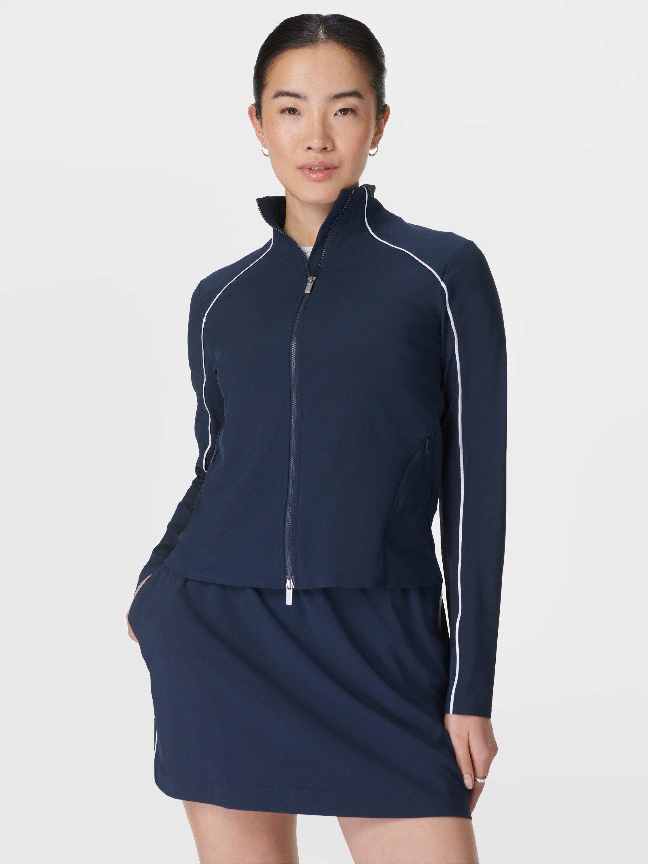 Product image 1 of 7, which shows Sweaty Betty Anytime Explorer Zip Up Jacket, Navy Blue, XXS