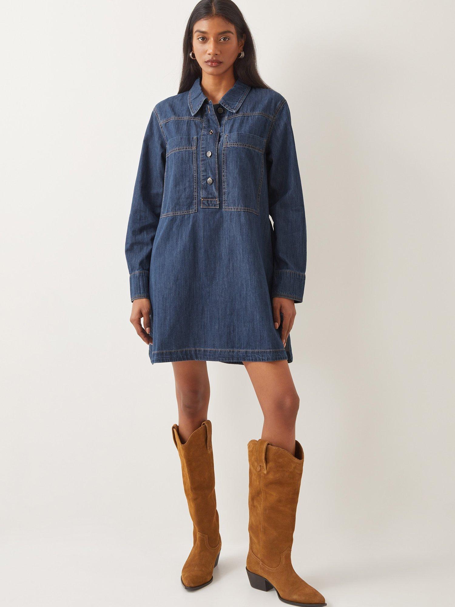 Product image 1 of 5, which shows Monsoon Nara Denim Tunic Dress, Mid Blue, S