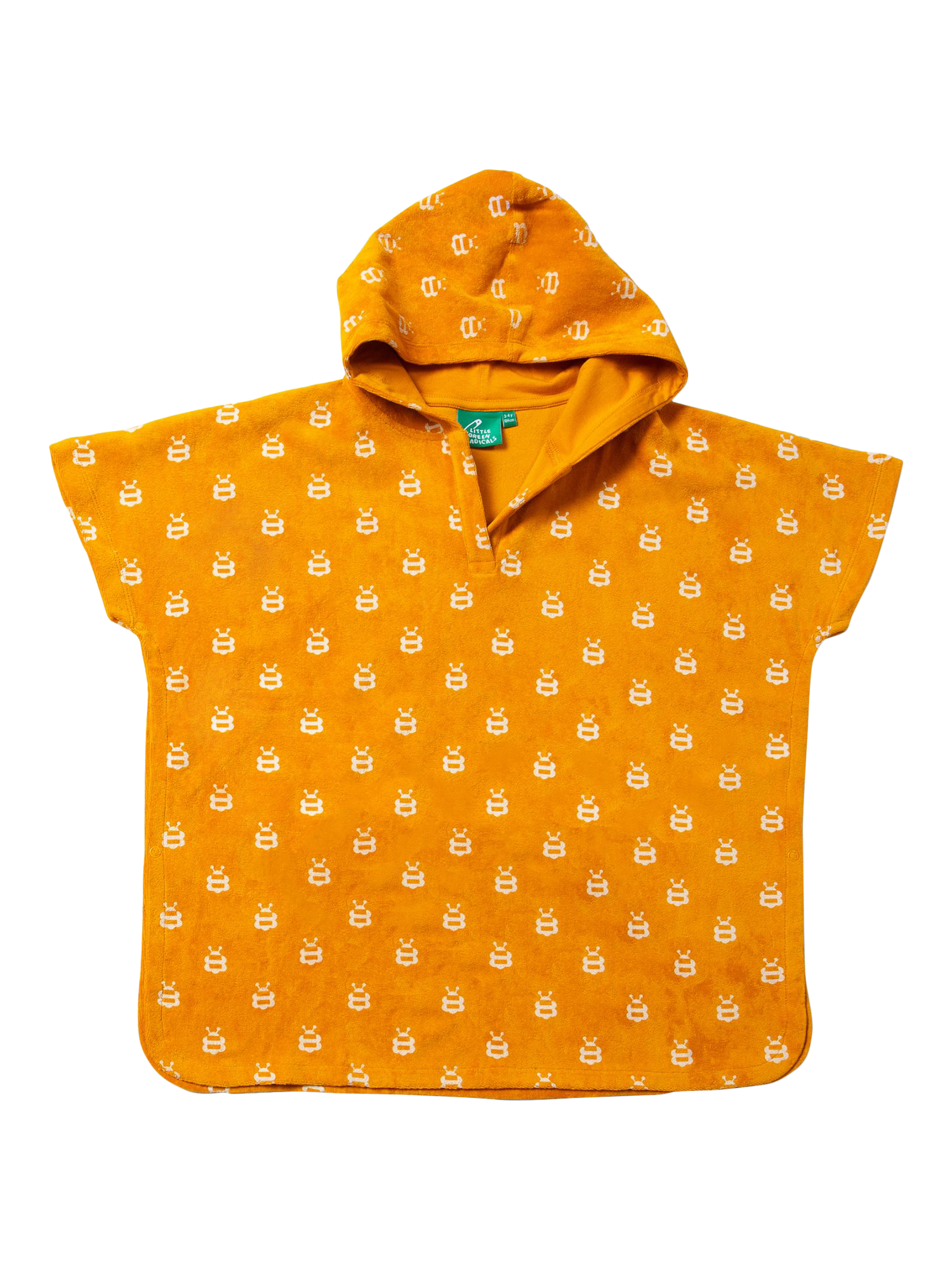 Product image 1 of 3, which shows Little Green Radicals Baby Bee Cotton Towelling Hooded Beach Poncho, Gold, 12 months
