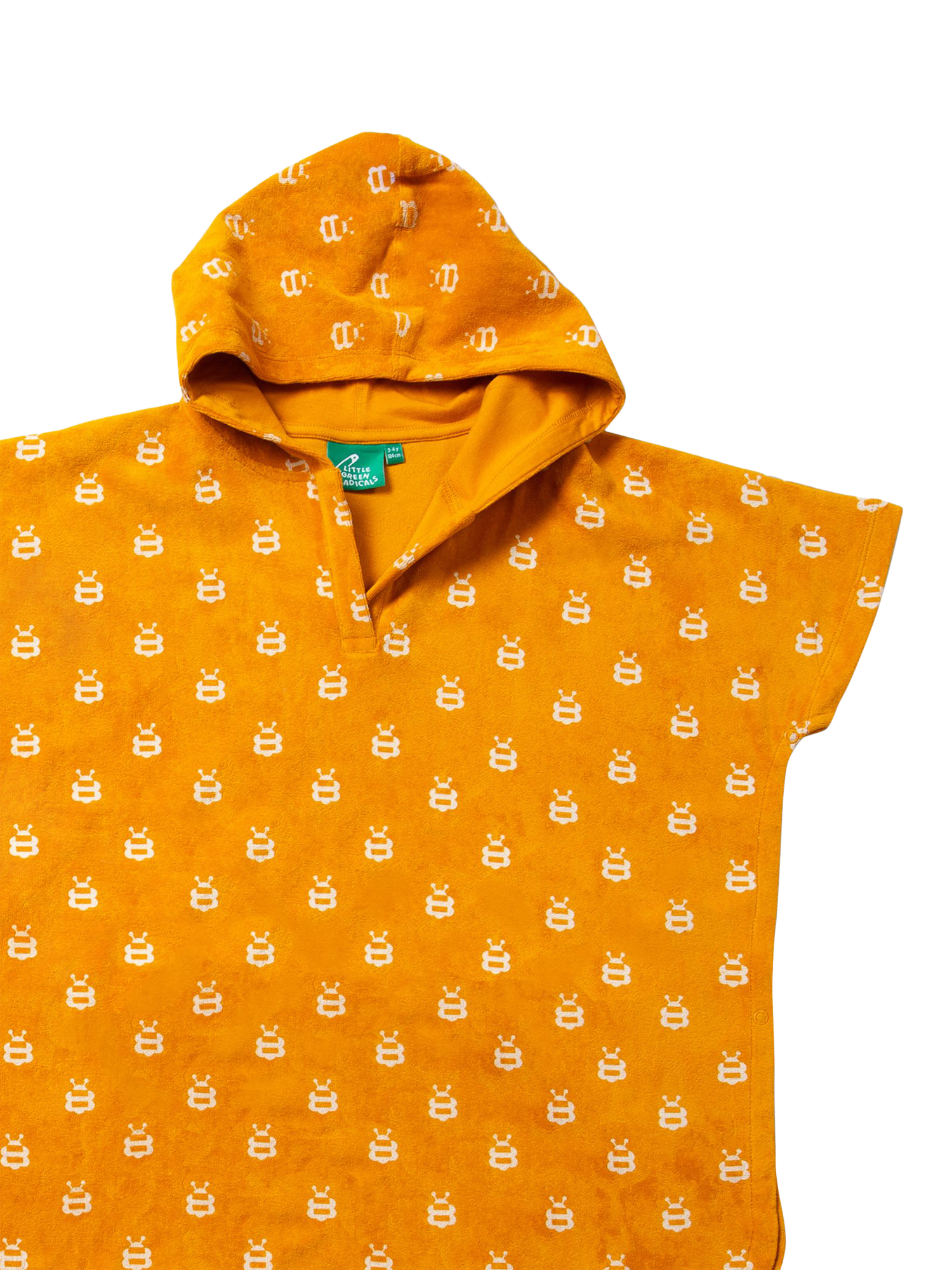 Product image 2 of 3, which shows Little Green Radicals Baby Bee Cotton Towelling Hooded Beach Poncho, Gold, 12 months