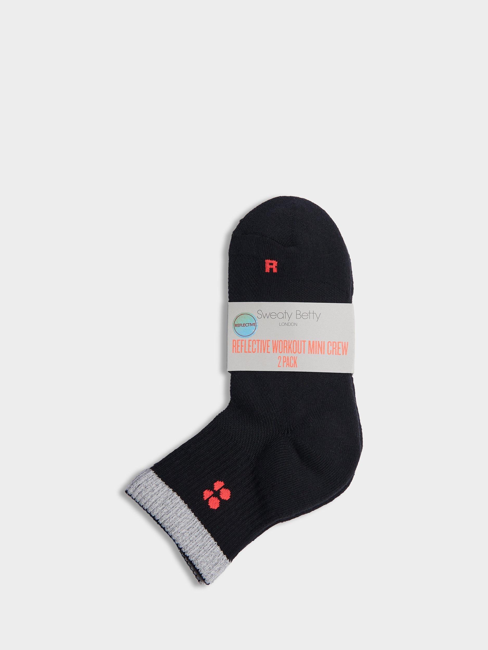 Product image 2 of 3, which shows Sweaty Betty Reflective Organic Cotton Rich Mini Workout Socks, Pack of 2, Blackwhite And Fluro, 2-5