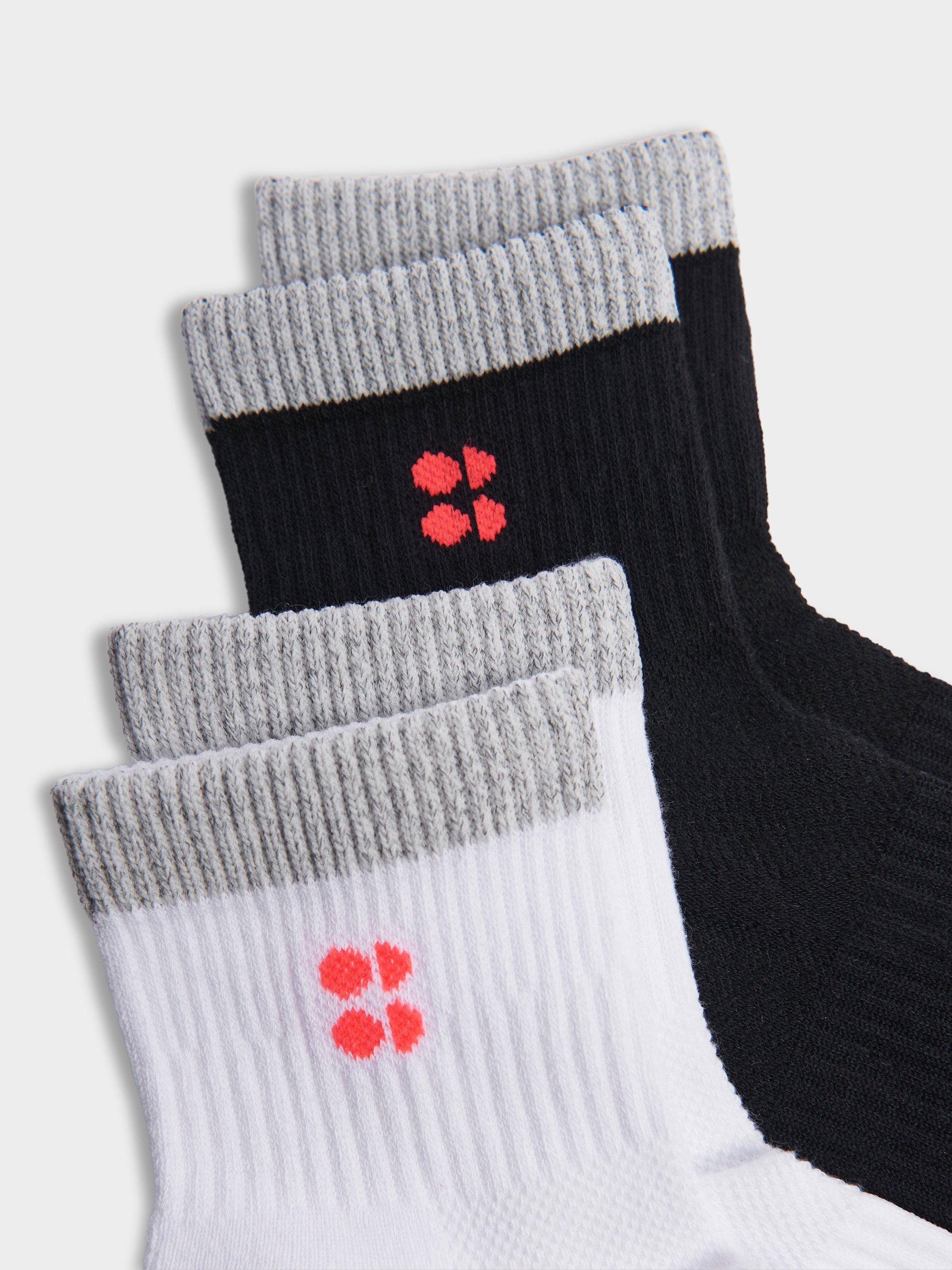 Product image 3 of 3, which shows Sweaty Betty Reflective Organic Cotton Rich Mini Workout Socks, Pack of 2, Blackwhite And Fluro, 2-5