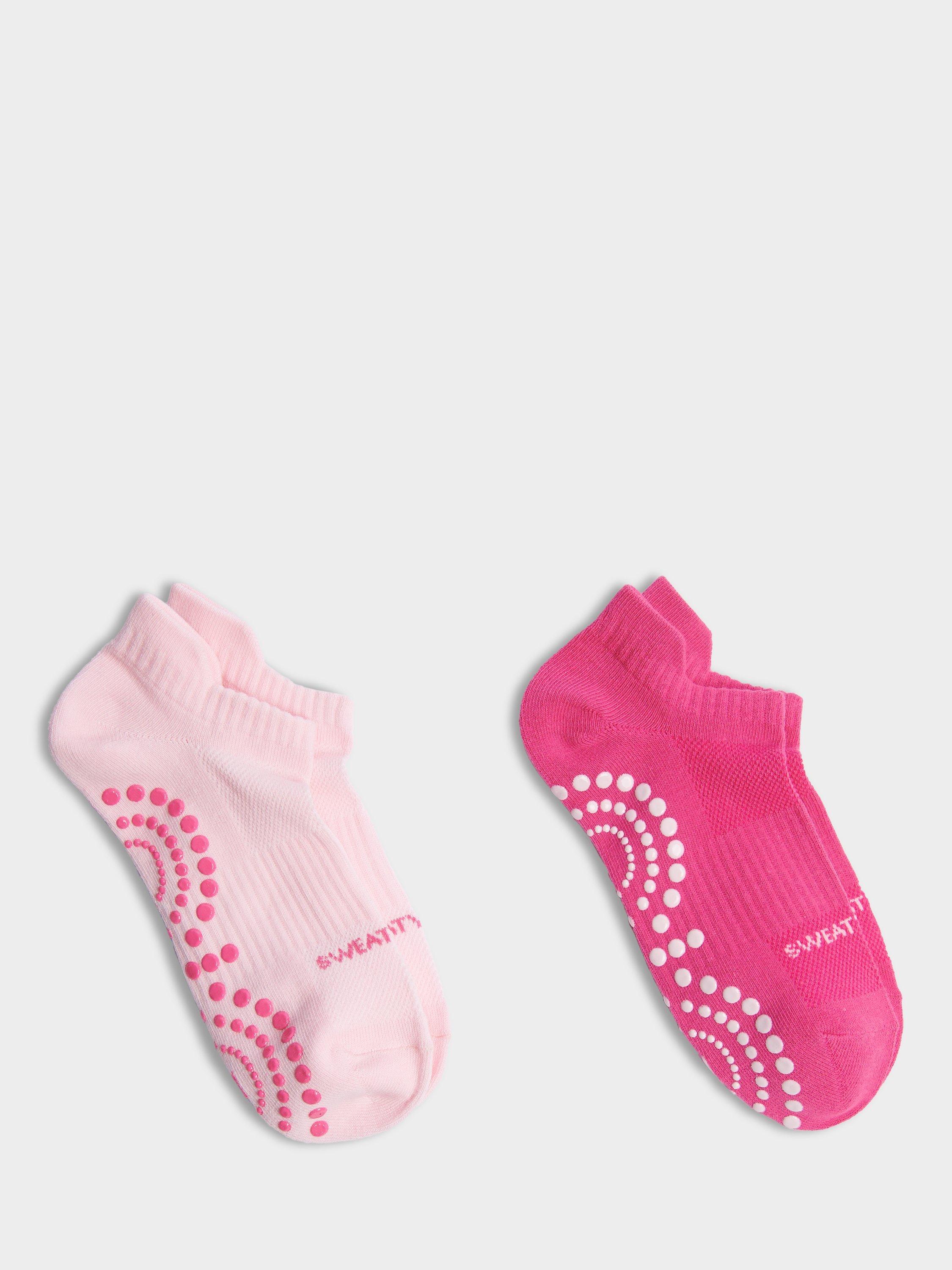 Product image 1 of 3, which shows Sweaty Betty Reformer Gripped Organic Cotton Rich Trainer Socks, Pack of 2, Pinks, 2-5