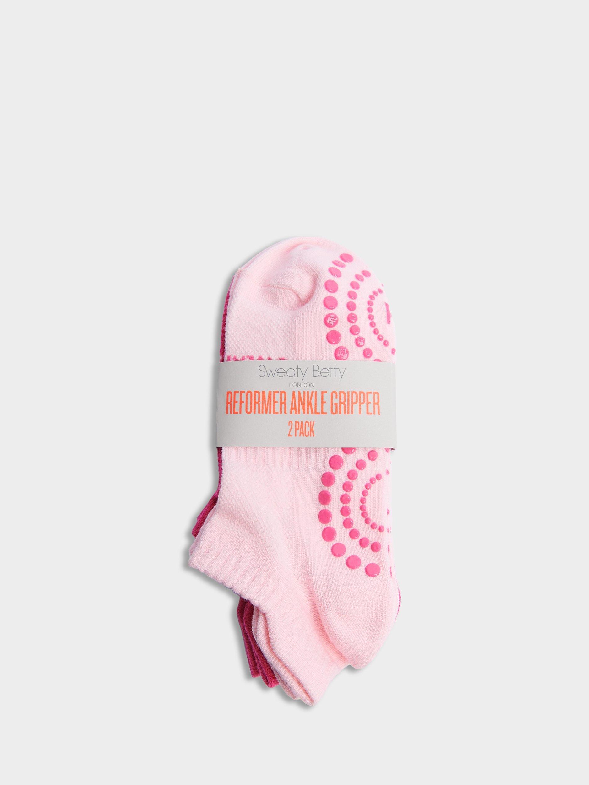 Product image 2 of 3, which shows Sweaty Betty Reformer Gripped Organic Cotton Rich Trainer Socks, Pack of 2, Pinks, 2-5