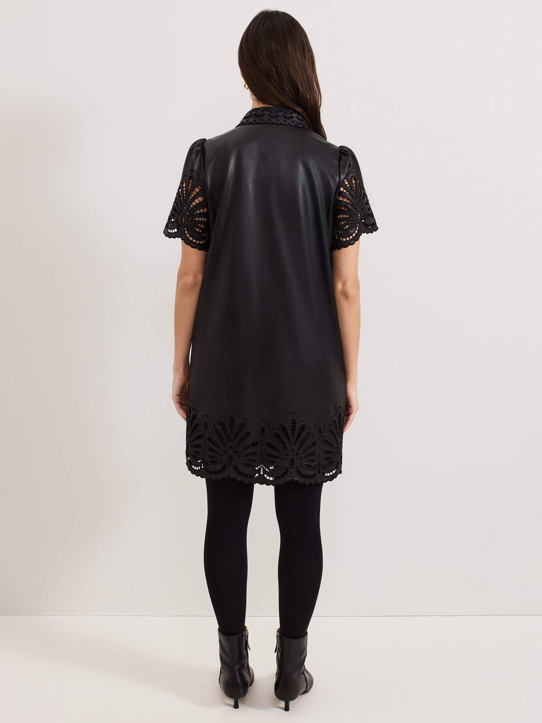 Product image 2 of 7, which shows Phase Eight Cutwork Faux Leather Dress, Black, 8