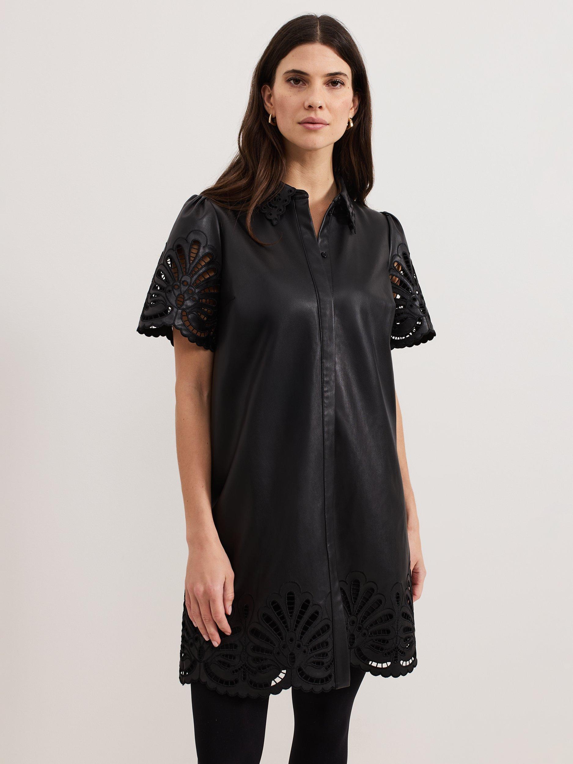 Product image 3 of 7, which shows Phase Eight Cutwork Faux Leather Dress, Black, 8