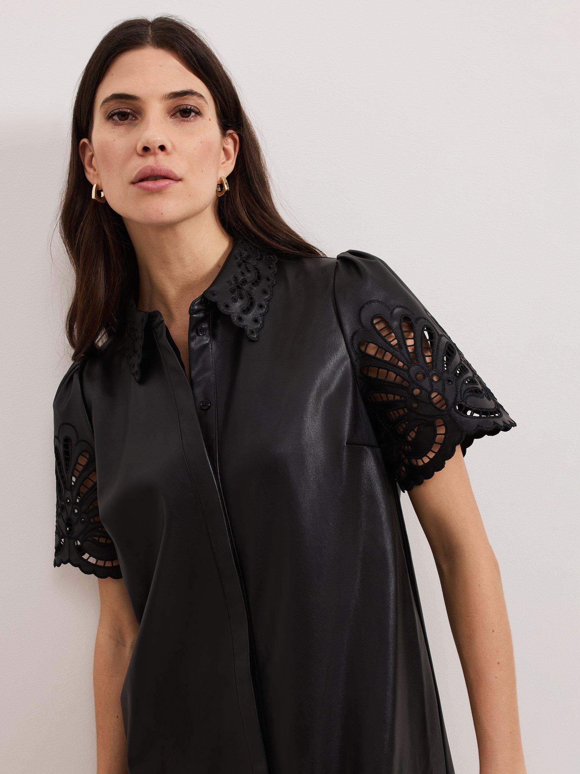 Product image 4 of 7, which shows Phase Eight Cutwork Faux Leather Dress, Black, 8