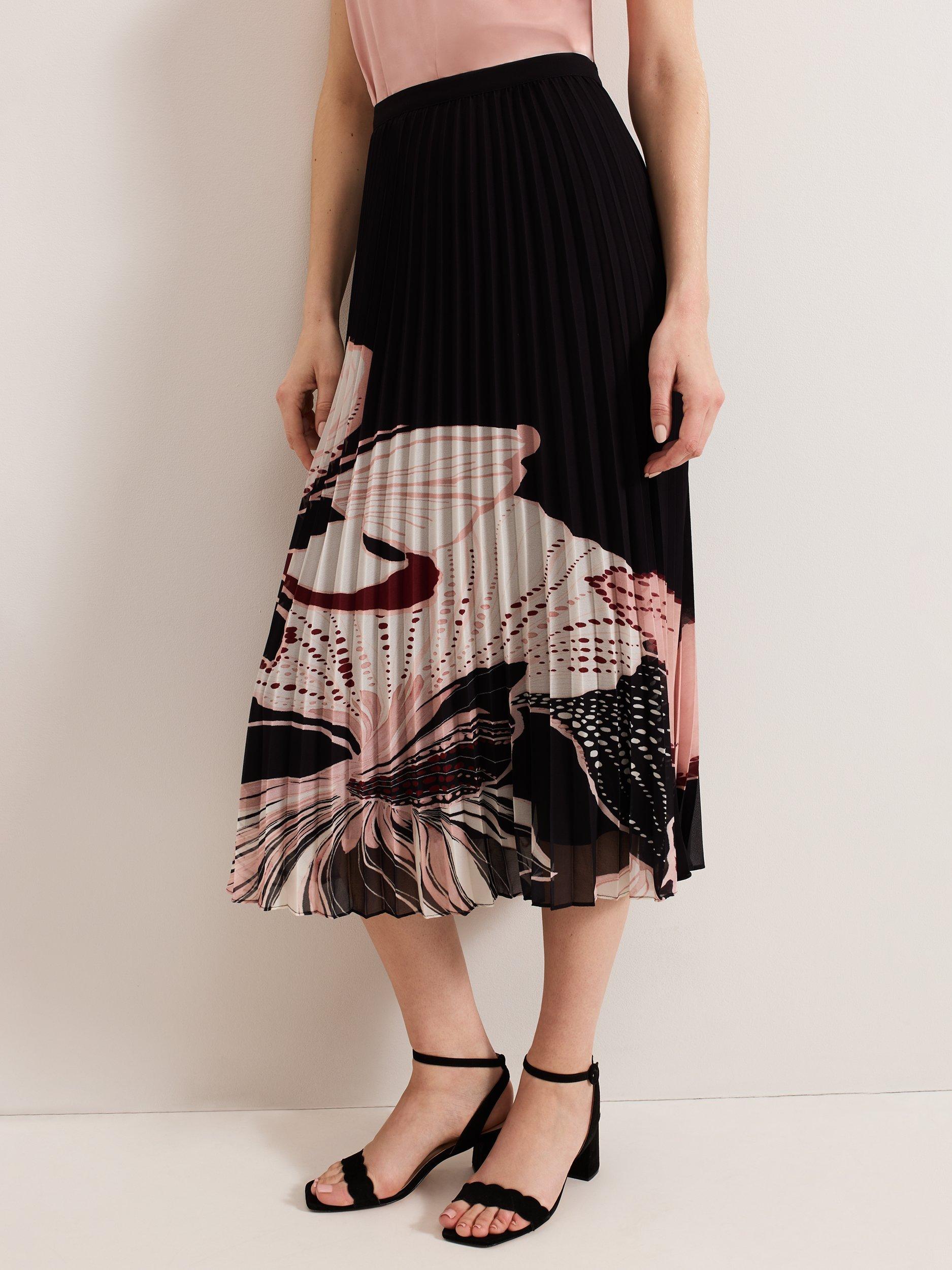 Product image 1 of 6, which shows Phase Eight Elmina Floral Pleated Skirt, Black/Multi, 8