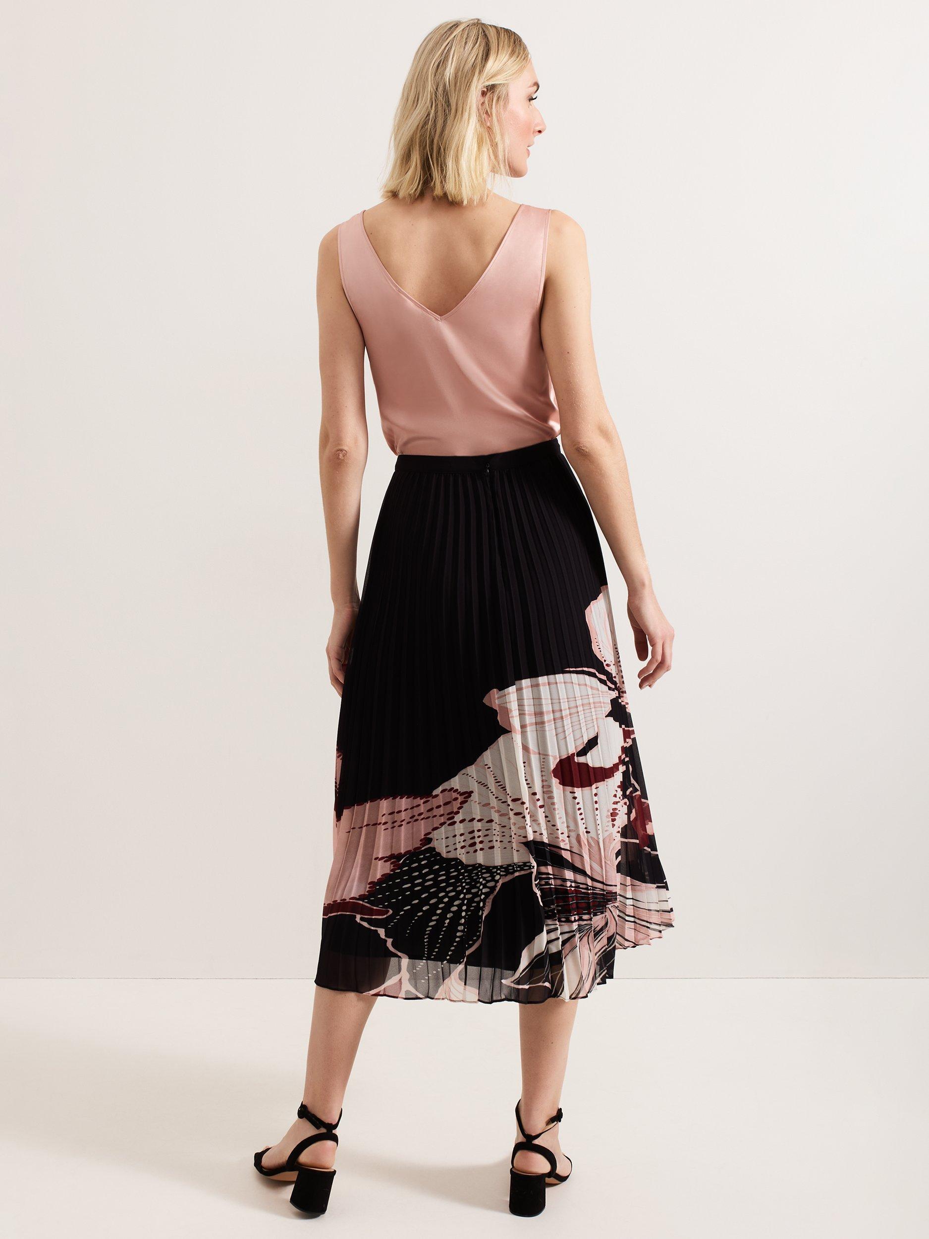 Product image 2 of 6, which shows Phase Eight Elmina Floral Pleated Skirt, Black/Multi, 8