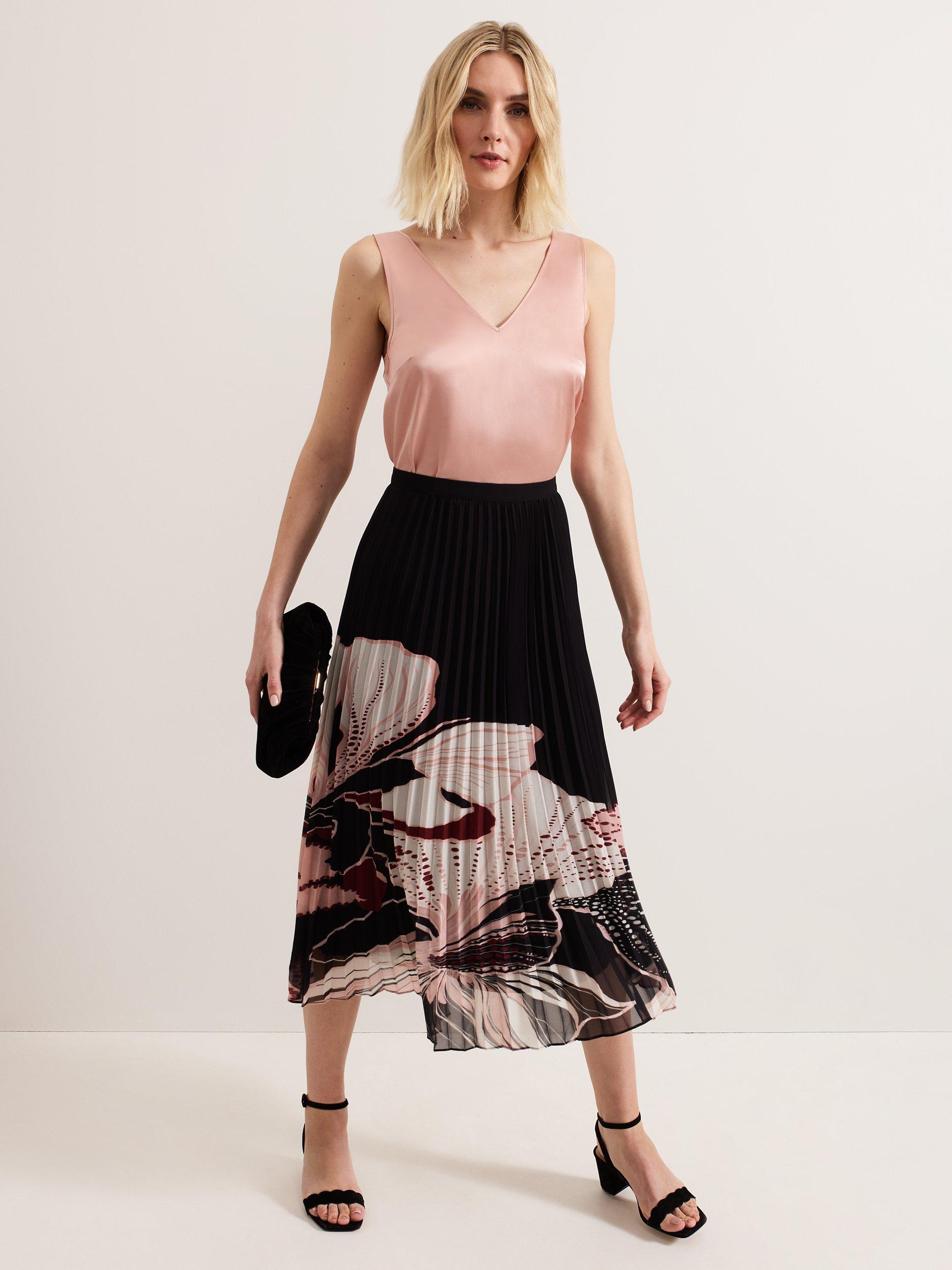 Product image 3 of 6, which shows Phase Eight Elmina Floral Pleated Skirt, Black/Multi, 8