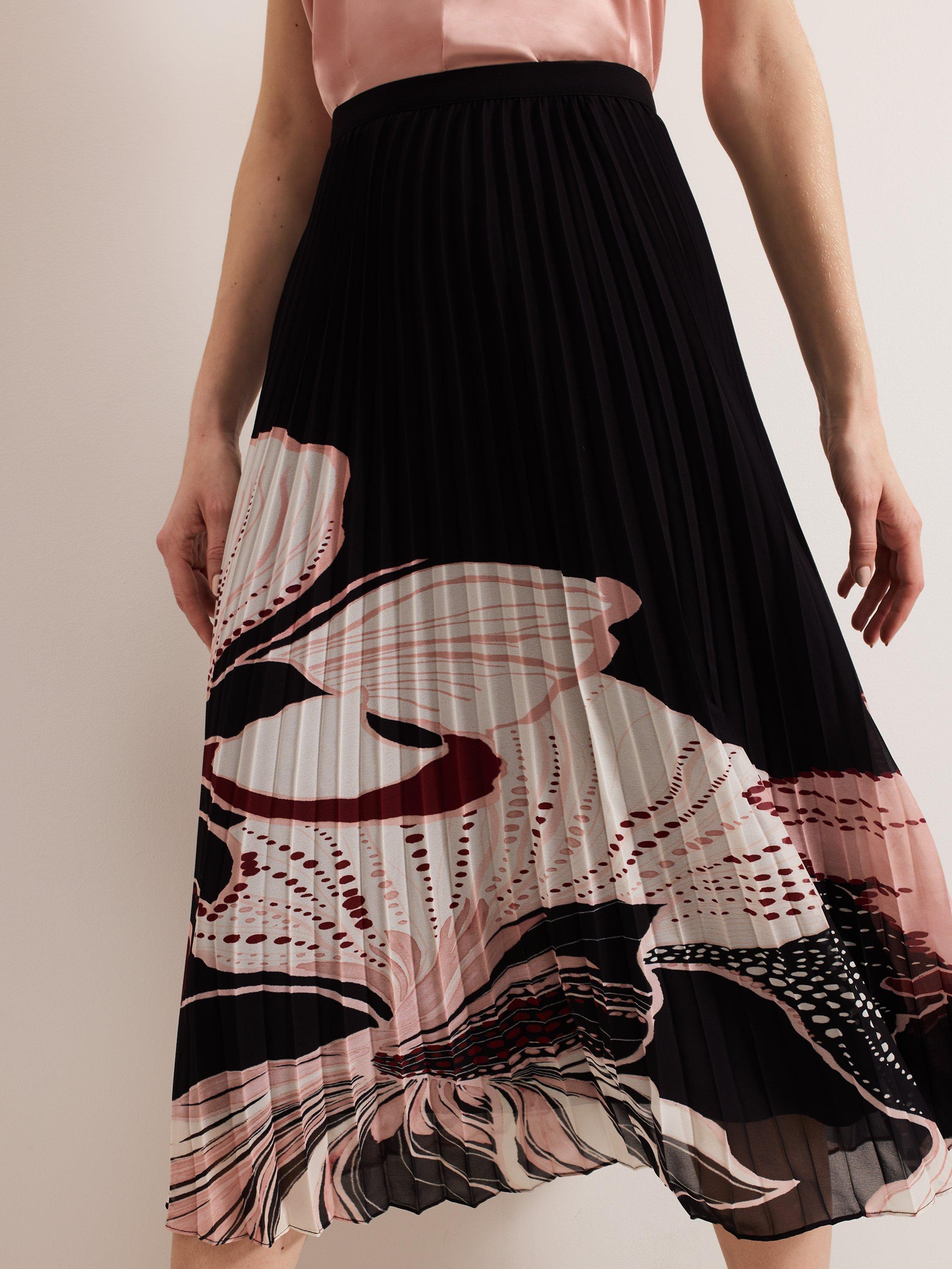 Product image 6 of 6, which shows Phase Eight Elmina Floral Pleated Skirt, Black/Multi, 8